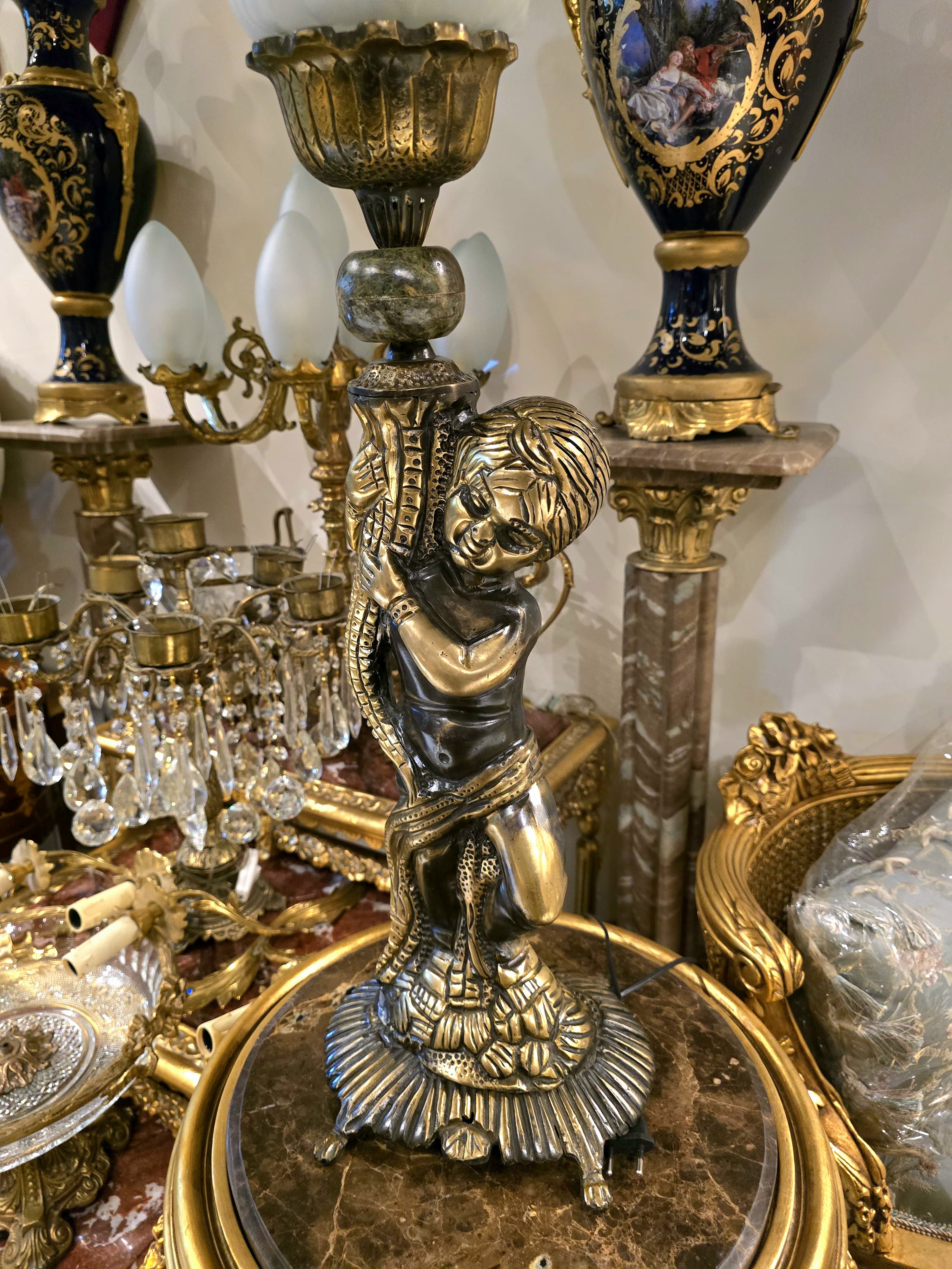 Baroque Style Cherub Table Lamp with Frosted Glass Flame Shade & Gilt Bronze Finish