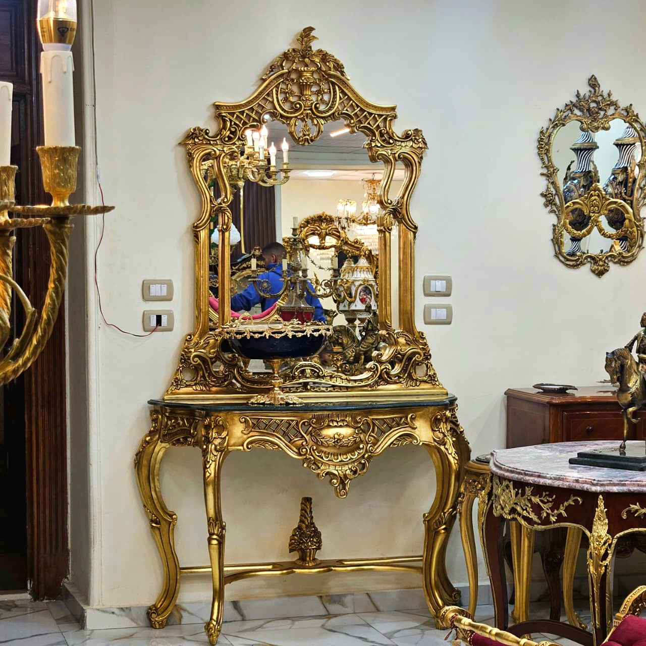 Rococo Gold Leaf Console Table with Black Marble Top & Ornate Mirror Set