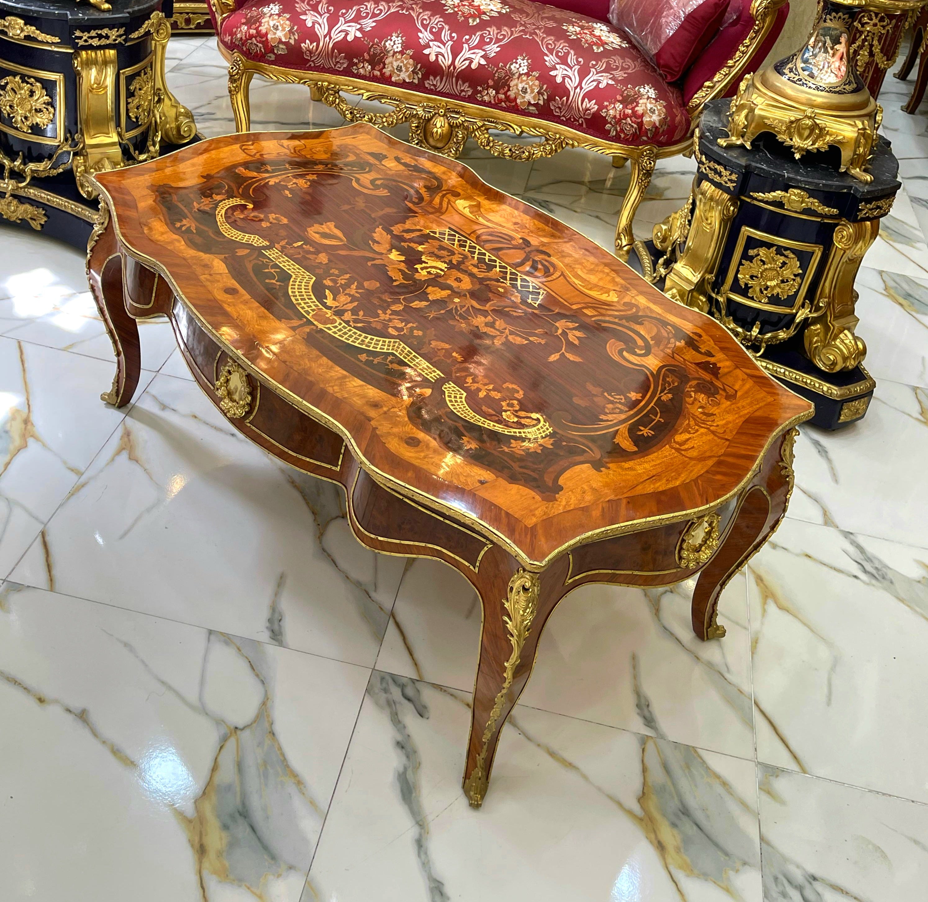 French Style Wooden Coffee Table – Copper Finish with Bronze Accents