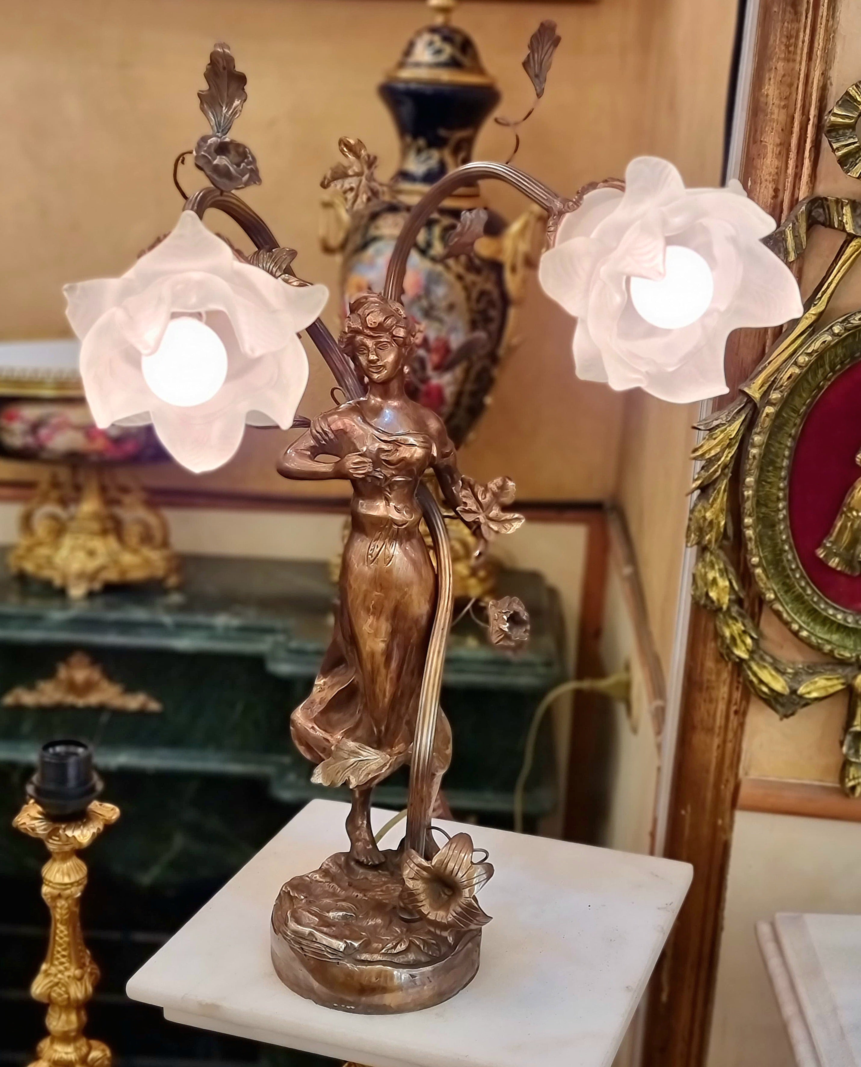 Art Nouveau Lady Table Lamp with Floral Glass Shades & Bronze Finish