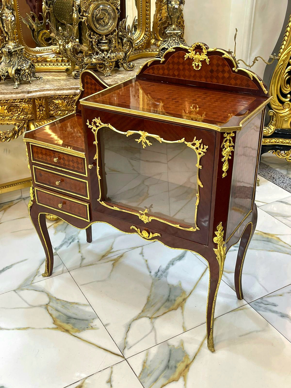 Louis XV Style Marquetry Bedside Cabinet with 3 Drawers and Glass Door