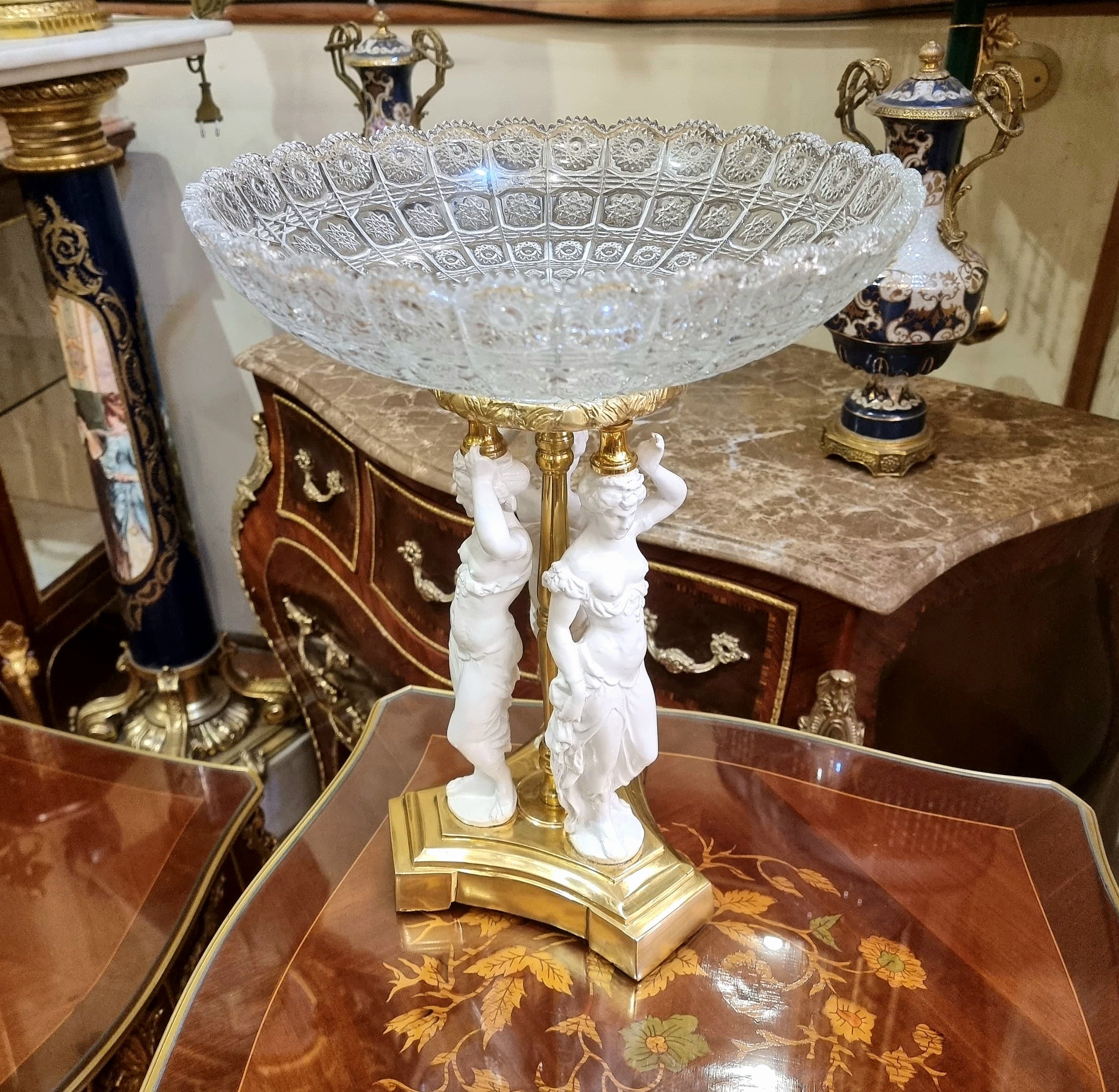 French Classical Crystal Centerpiece Bowl with Figural Ladies Base & Gilt Accents