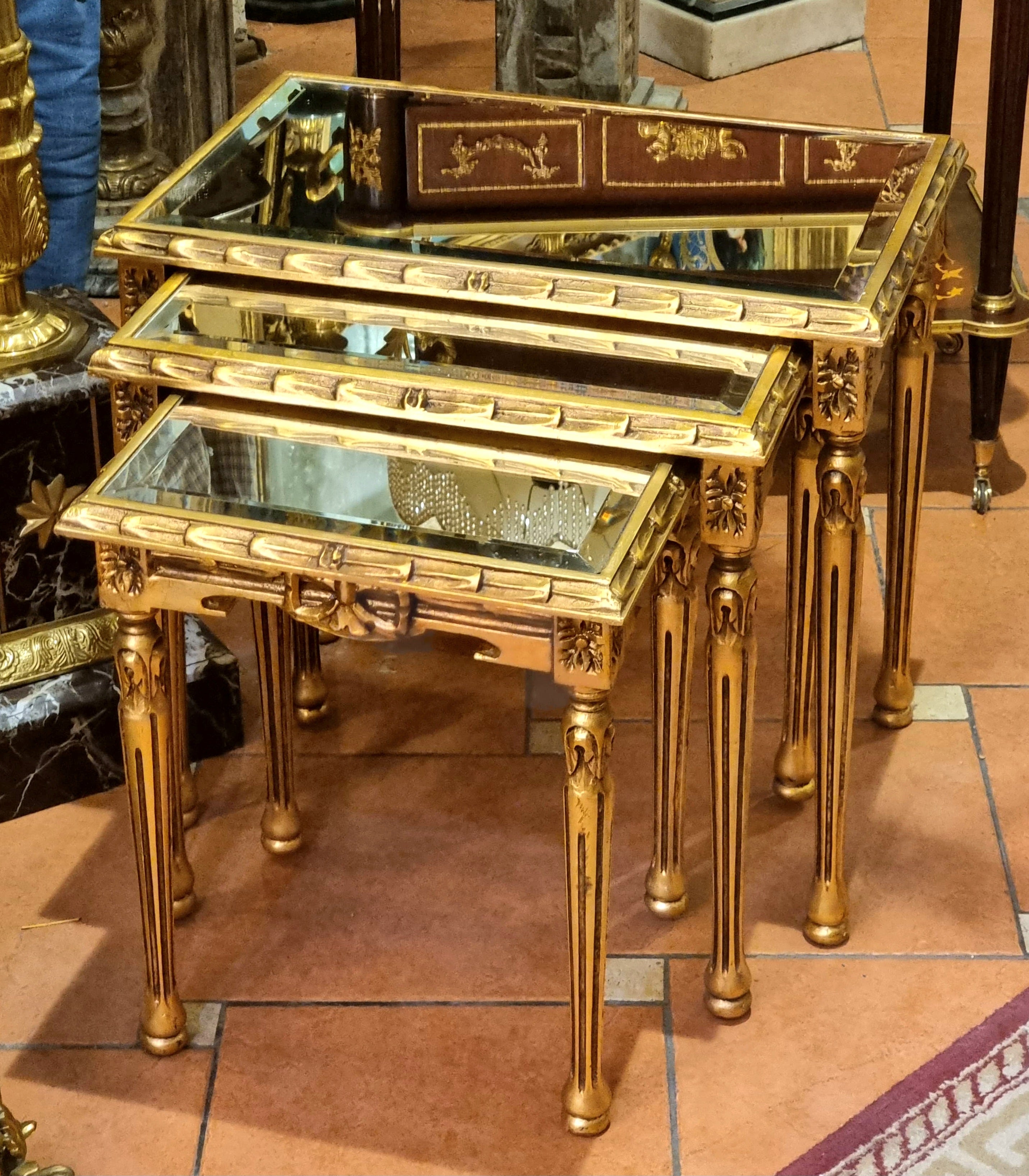 French Style Nesting Tables – Set of 3 with Mirrored Tops & Gold Leaf Finish