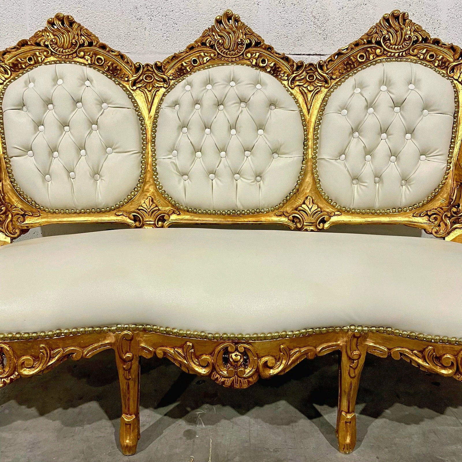 White Leather French Rococo Sofa – Gold Leaf Frame, Victorian Style Luxury Statement Piece