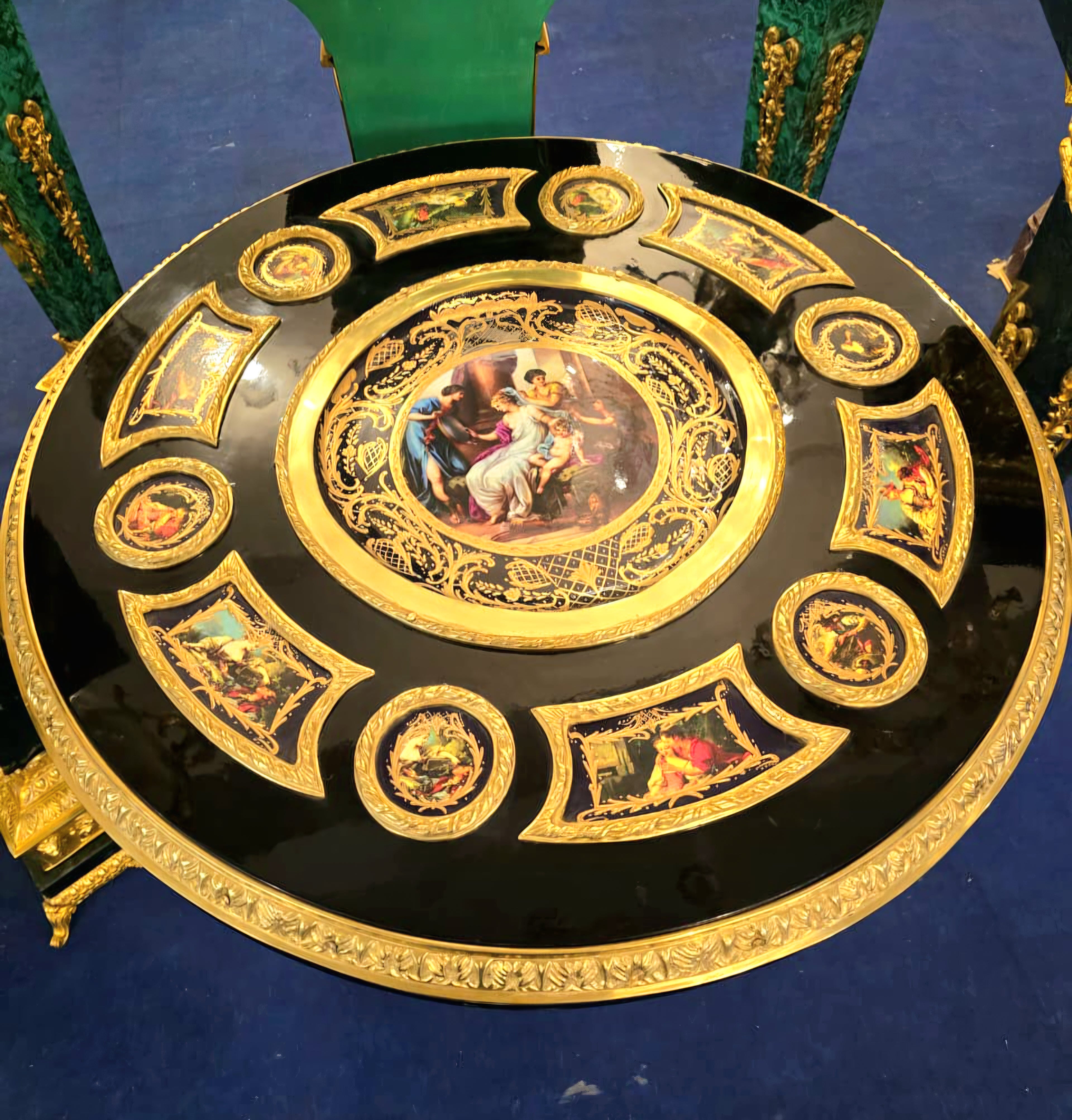 Grand Rococo Style Black Round Dining Table with Gold Leaf Details & Decorative Artwork Insets