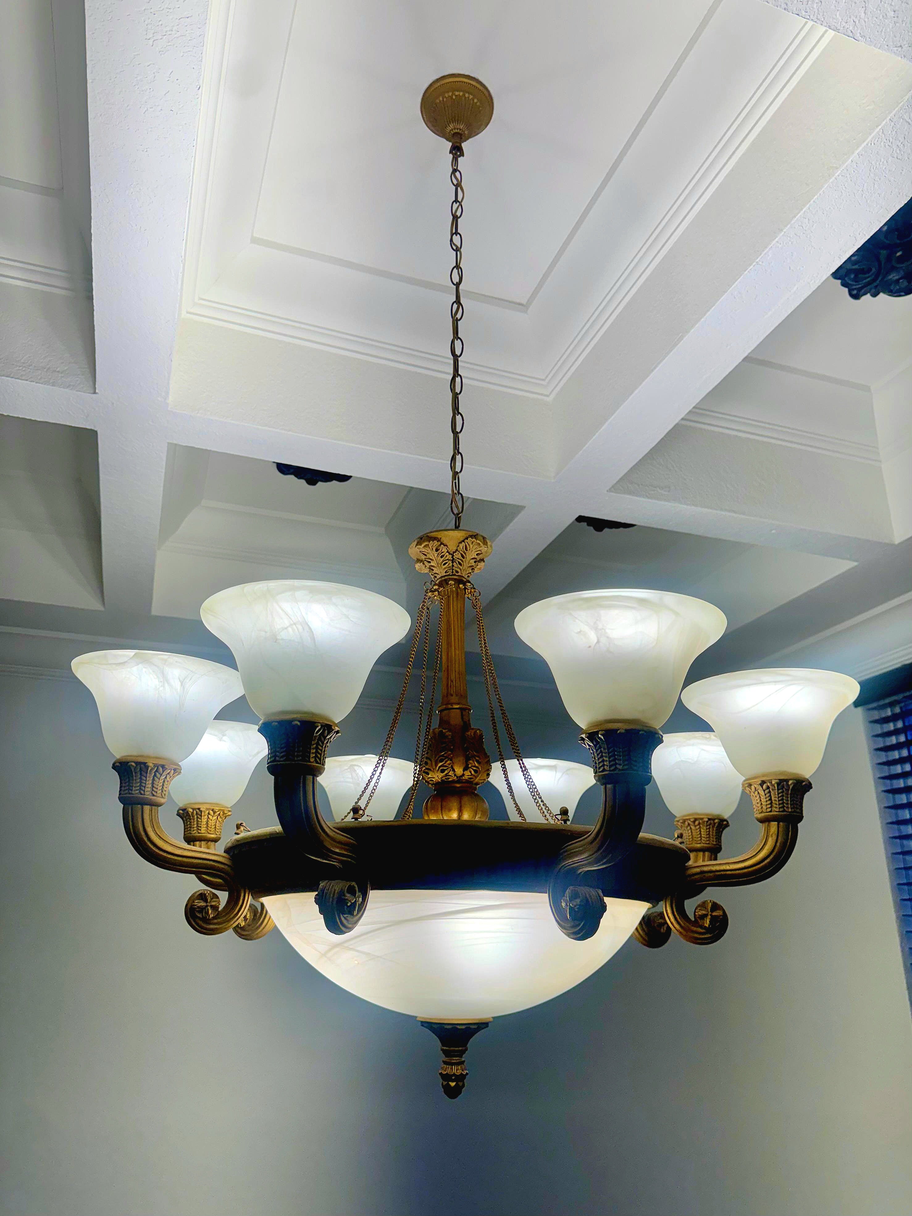 French Empire Vintage 36" Neoclassical Alabaster & Heavy Gilded Brass Chandelier 11 Bulbs