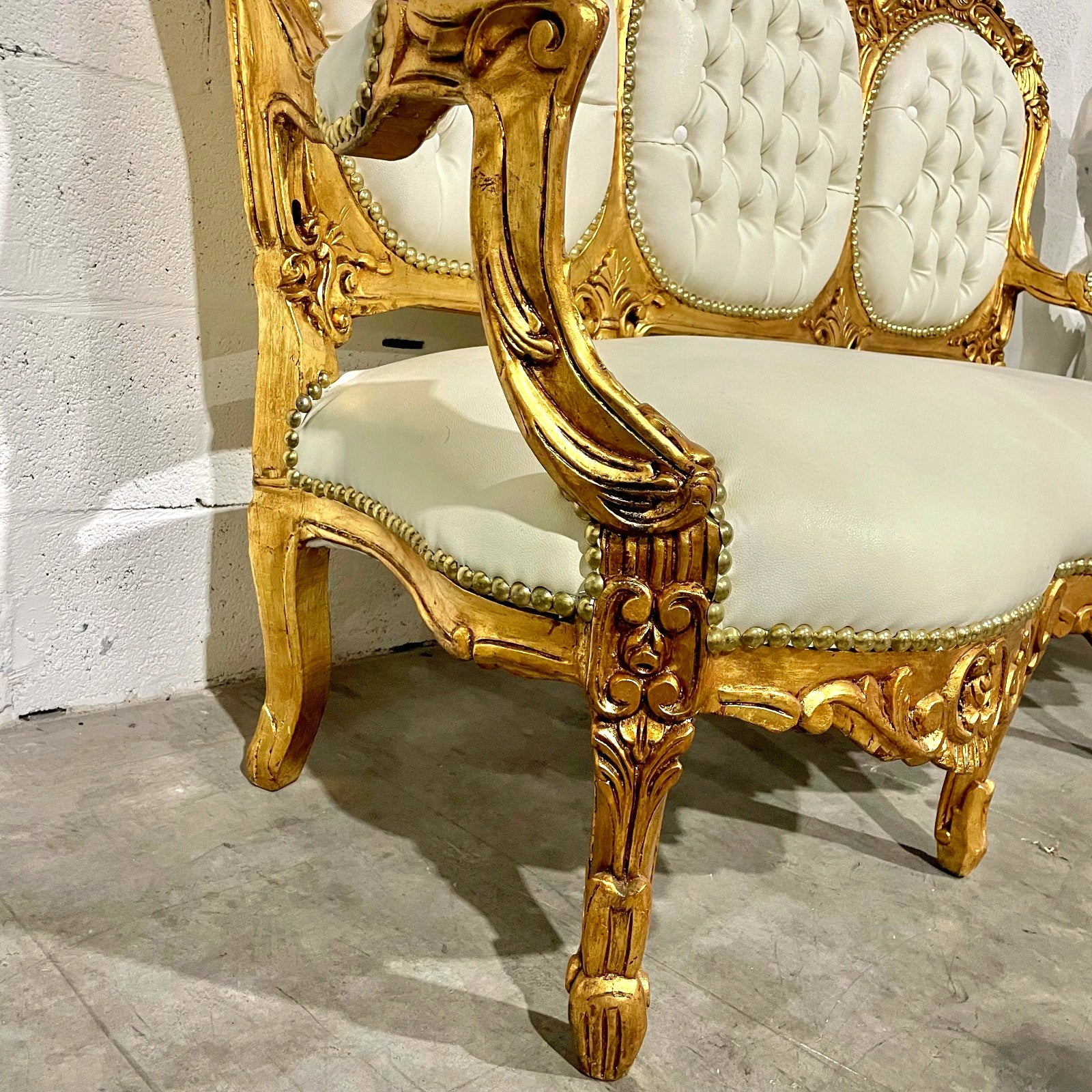 White Leather French Rococo Sofa – Gold Leaf Frame, Victorian Style Luxury Statement Piece