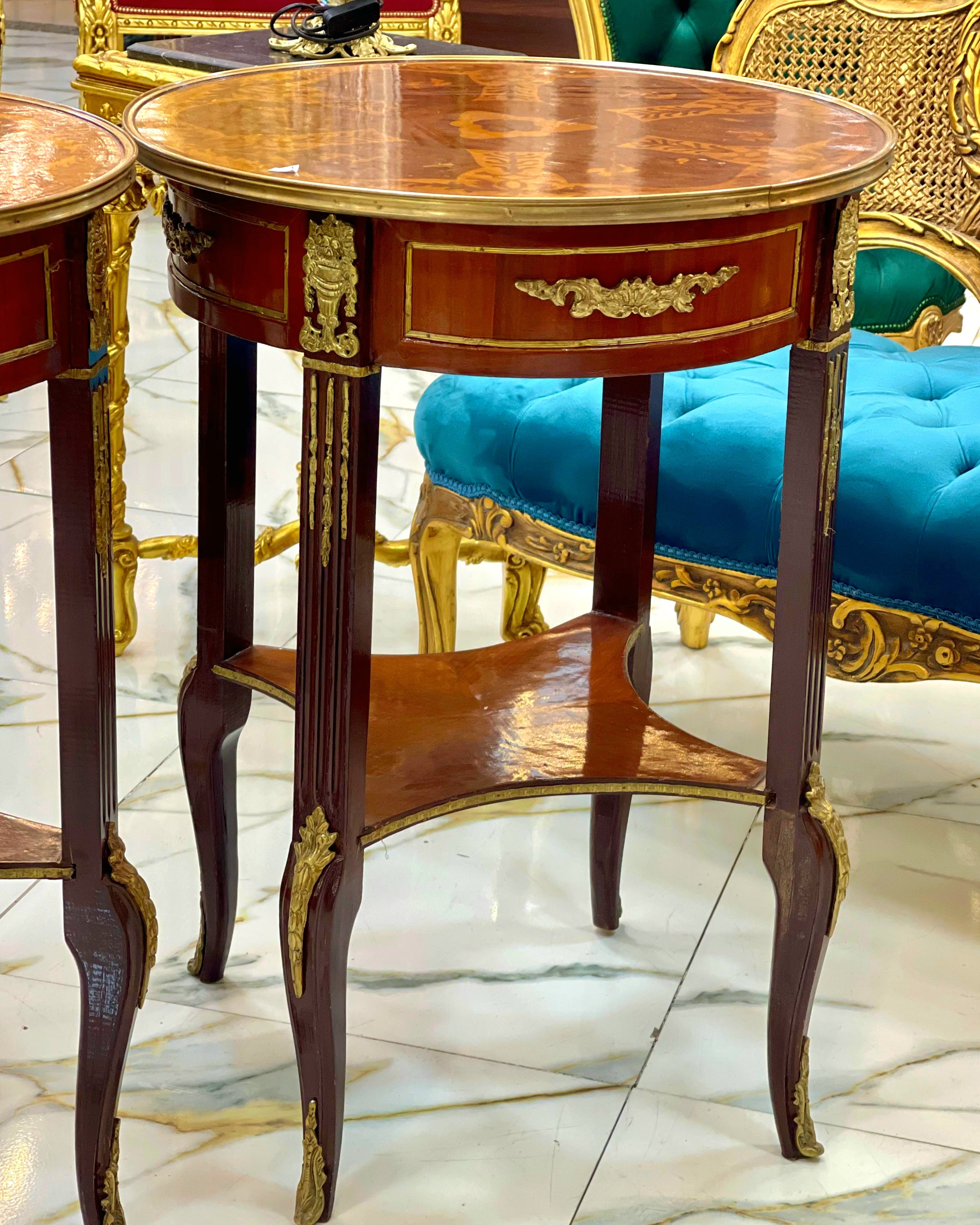 French Style Wood Side Table – Copper Finish with Gold Leaf Accents, Elegant Design