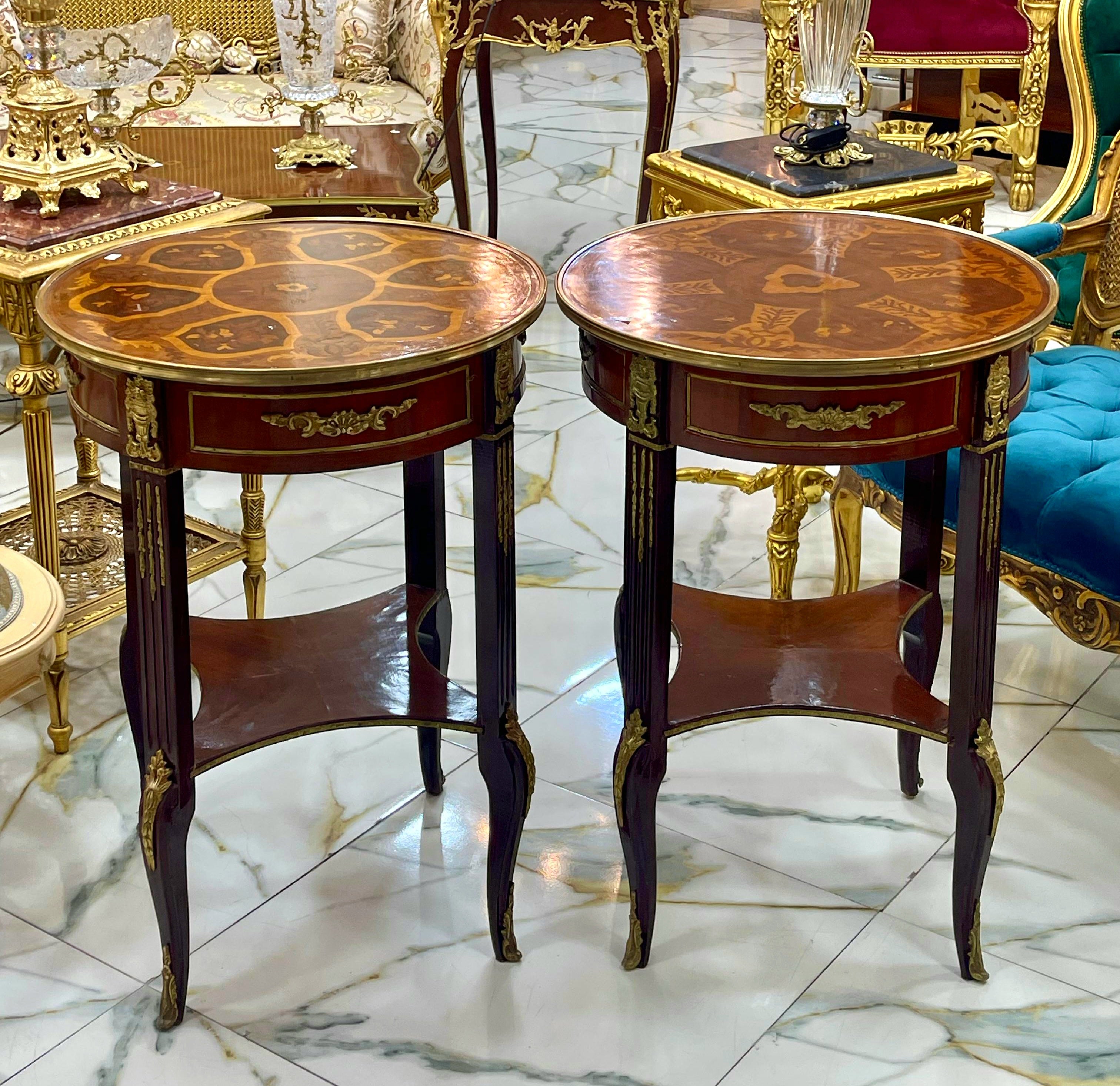 French Style Wood Side Table – Copper Finish with Gold Leaf Accents, Elegant Design