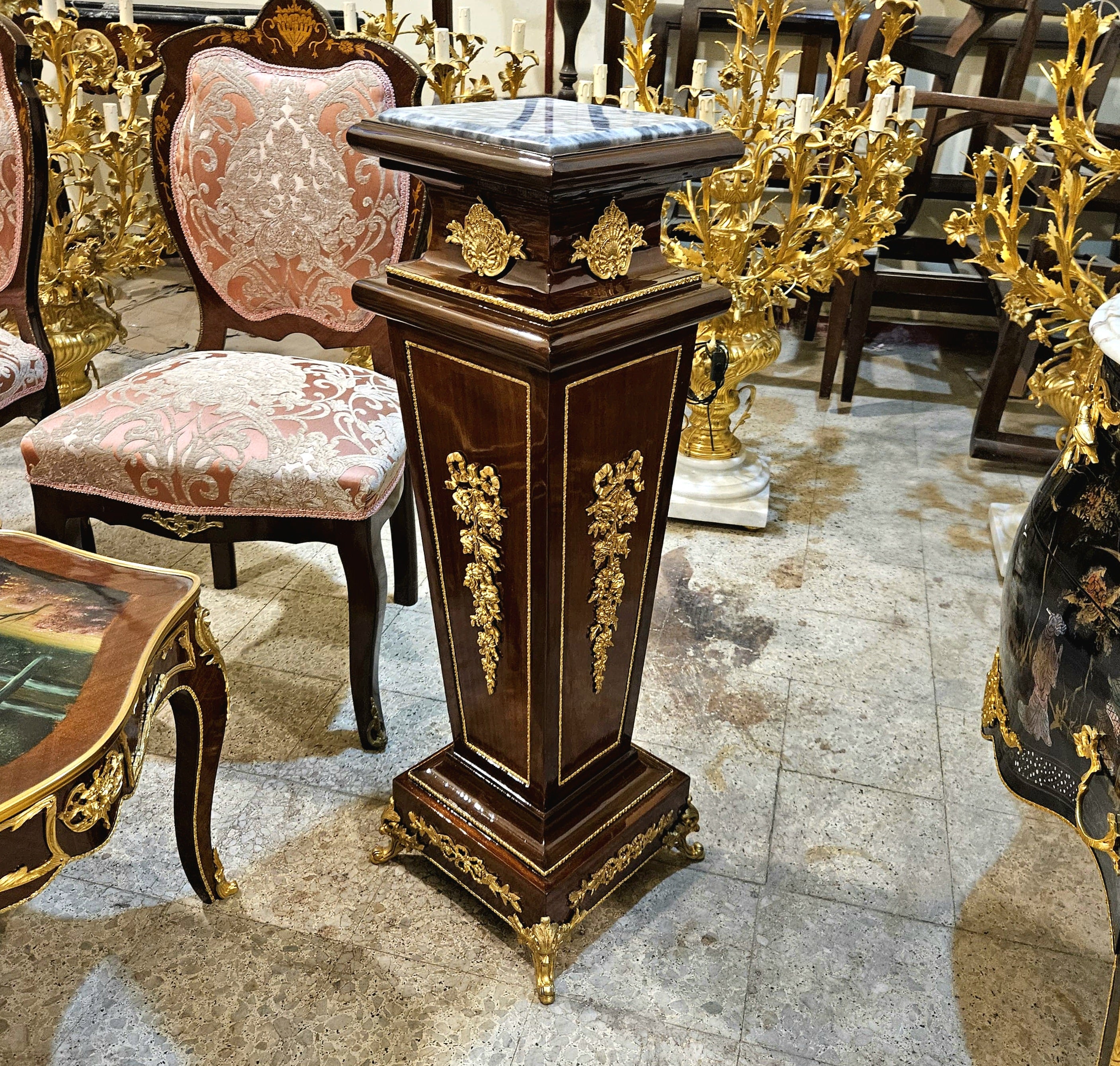 French Rococo Geometric Pedestal – Dark Wood Marble Top Column with Bronze & Gold Leaf Details
