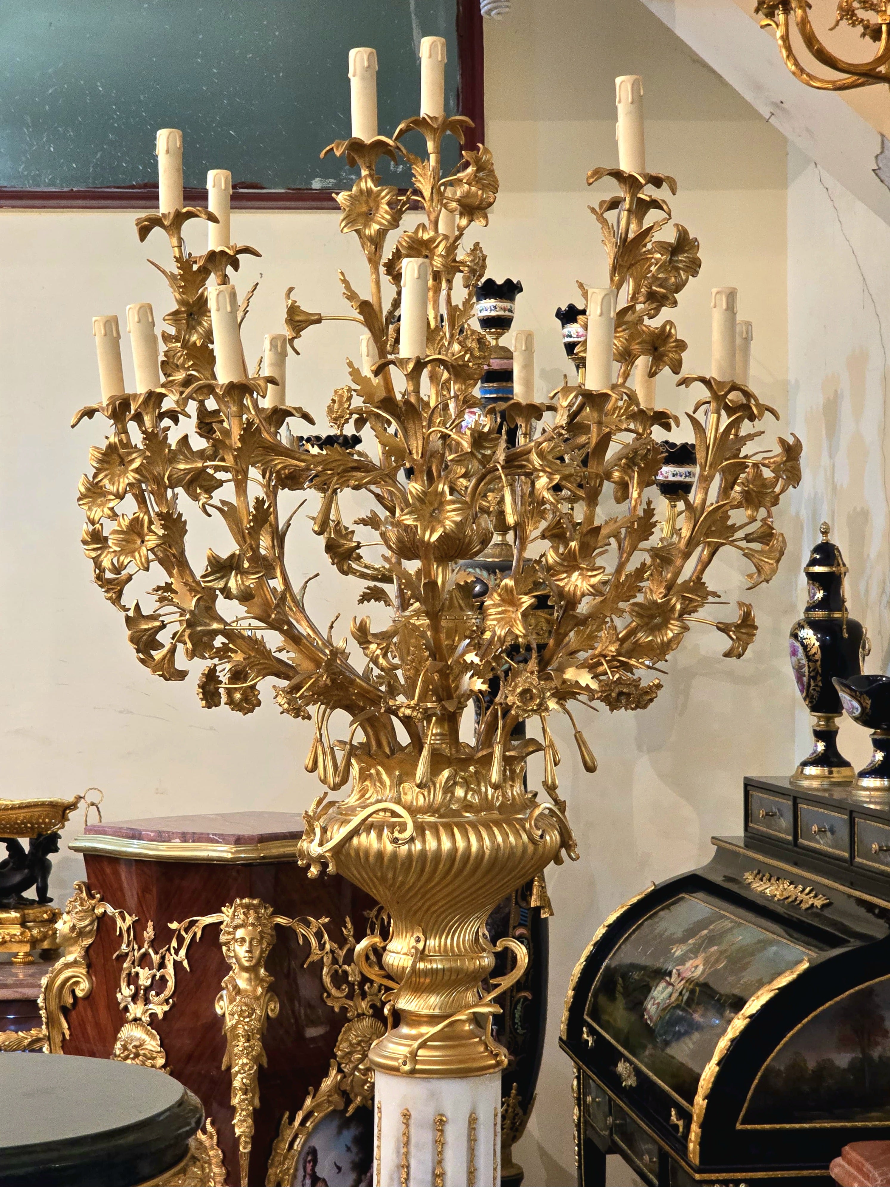Elegant Louis XVI Style Pedestal Candelabra with Gold Leaf Floral Details & Gilded Bronze Accents