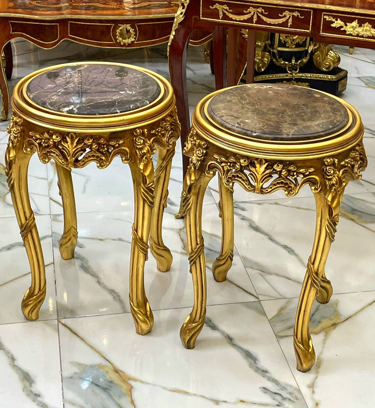 Italian Style Side Table with Dark Brown Marble Top & Gold Accents