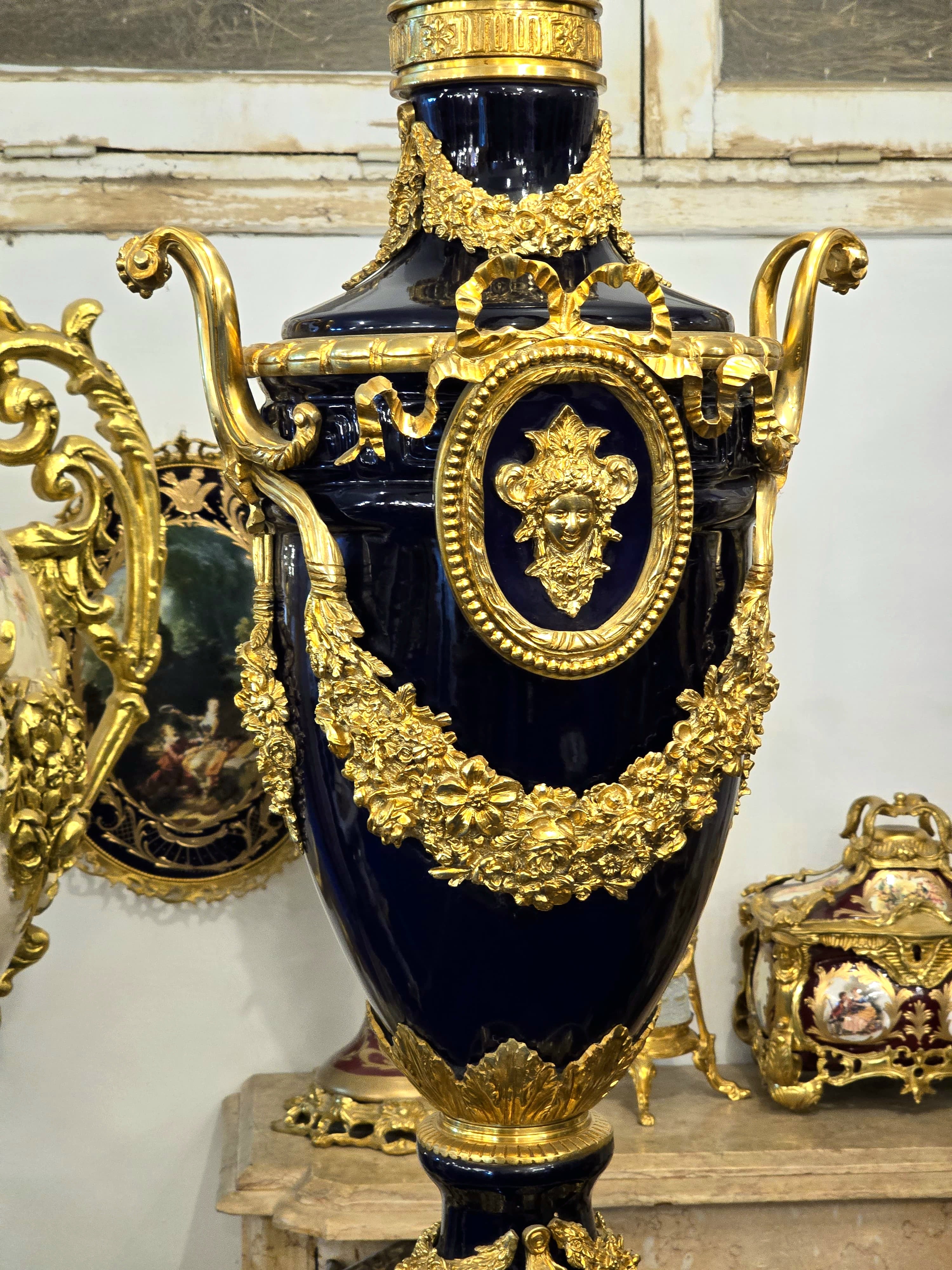 Grand Sevres-Style Midnight Blue Porcelain Vase on Pedestal with Gold Leaf & Bronze Details