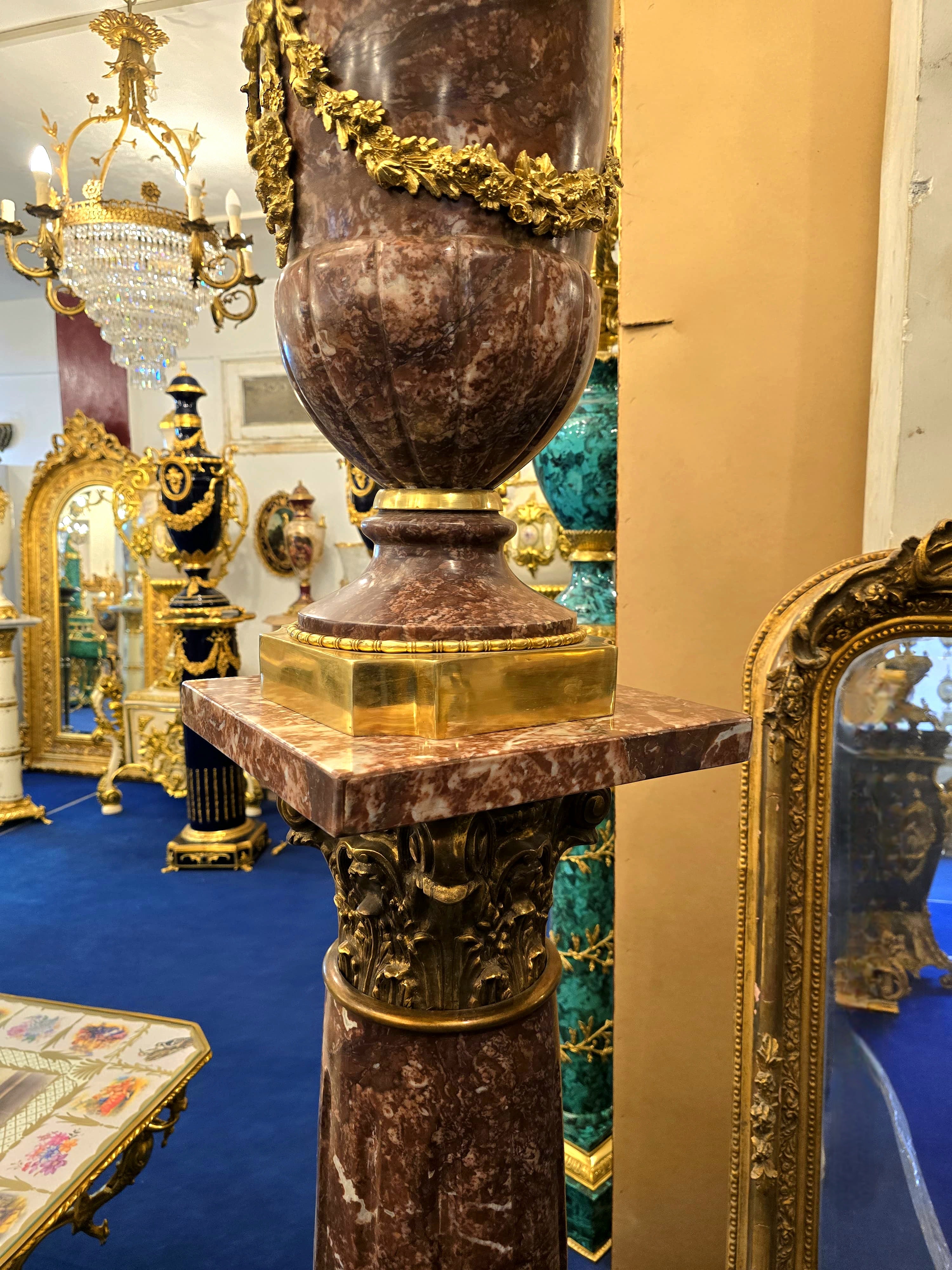 Magnificent Louis XVI-Style Porcelain Pedestal Centerpiece with Floral Gold Leaf Details & Gilded Bronze Accents