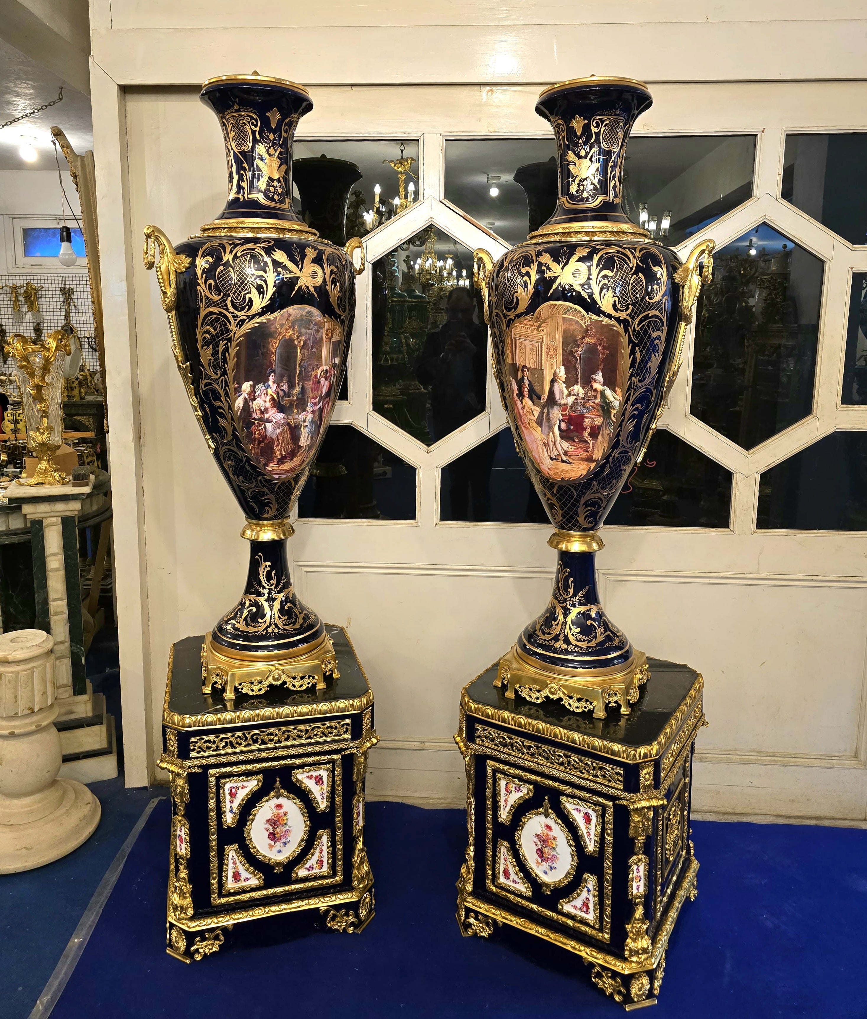 Monumental Sevres-Style Midnight Blue Porcelain Vase on Pedestal with Gold Leaf Details & French Court Scenes