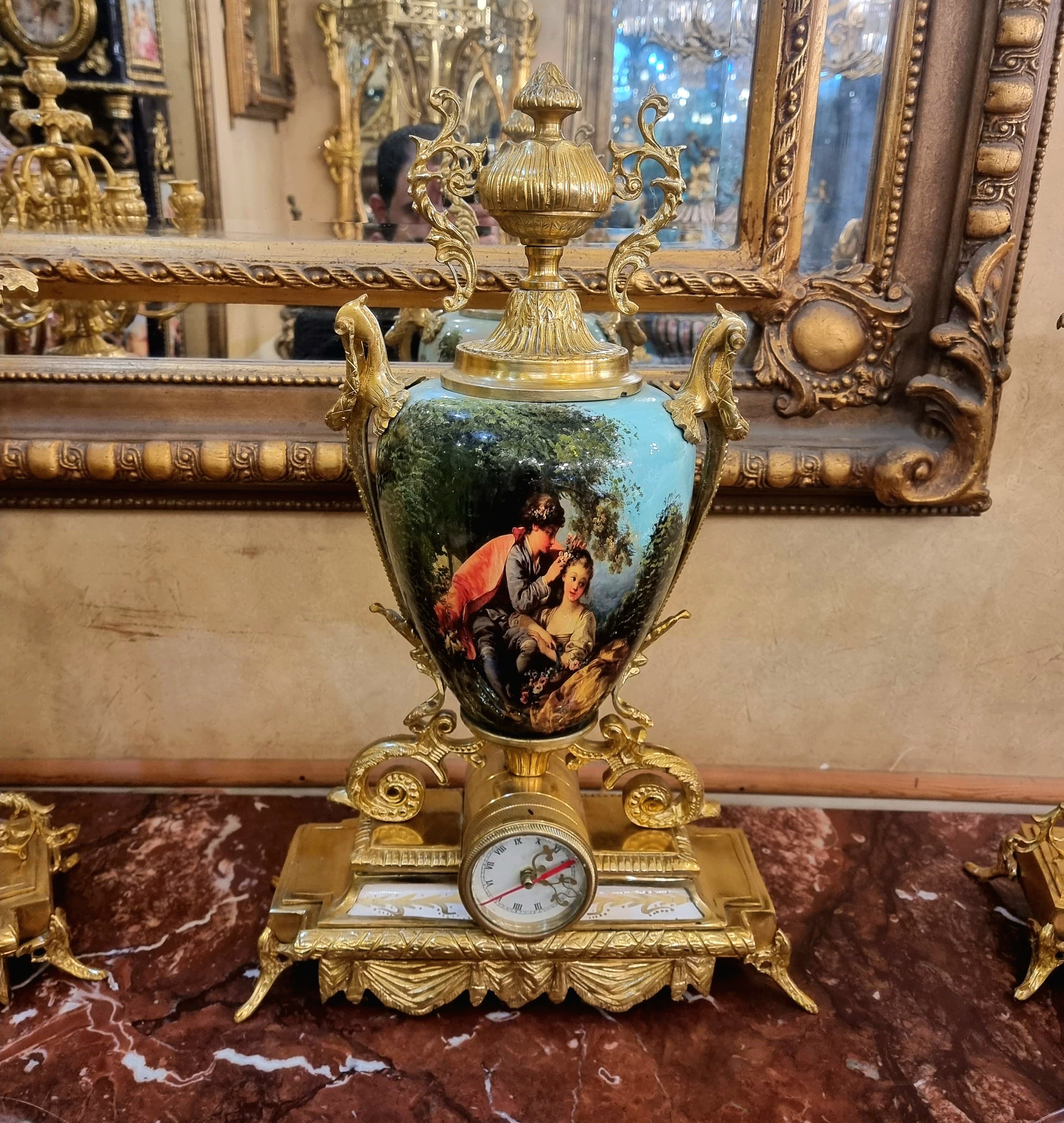 French Louis XV Style Mantel Clock Set with Matching Porcelain Scenic Vases – 3 Piece Collection