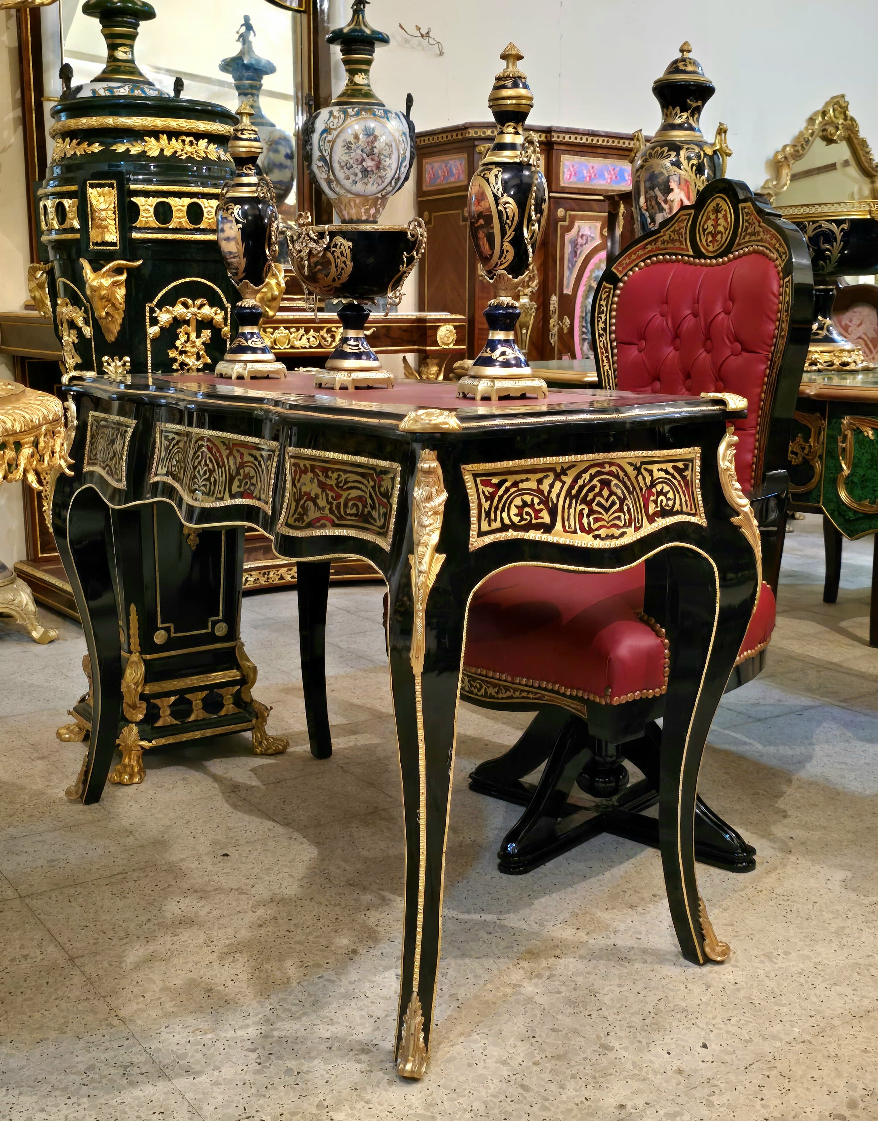 Luxury French Rococo Writing Desk with Gold Leaf Accents & Elegant Black Finish