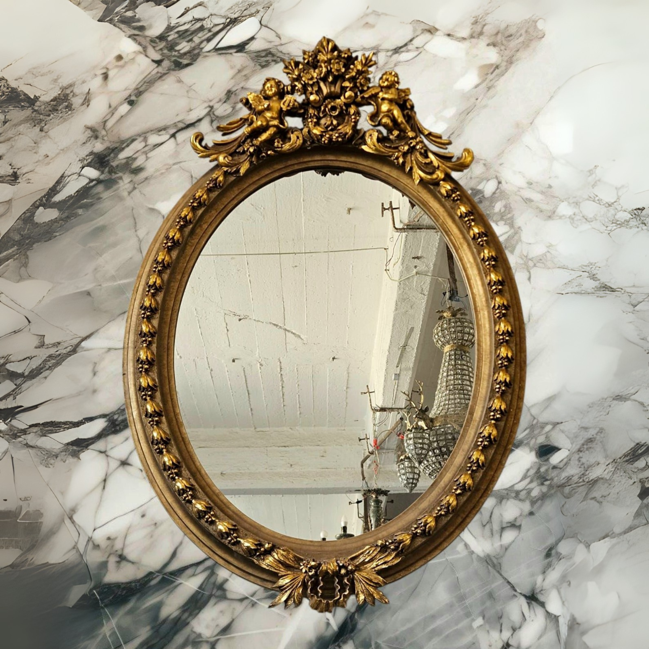 French Italian Style Gold Leaf Oval Mirror – Handcrafted Angel Frame, Wall Decor