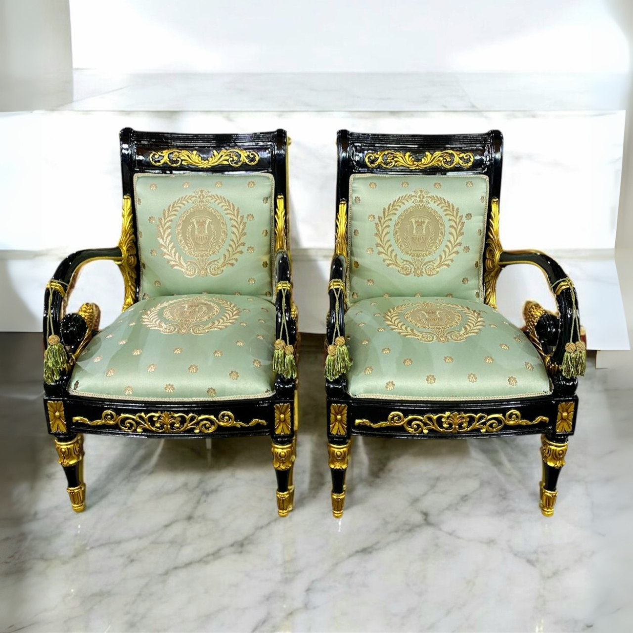 Louis XV Style French Black Wingback Chair | Ornate Gold Leaf Details | Bergère