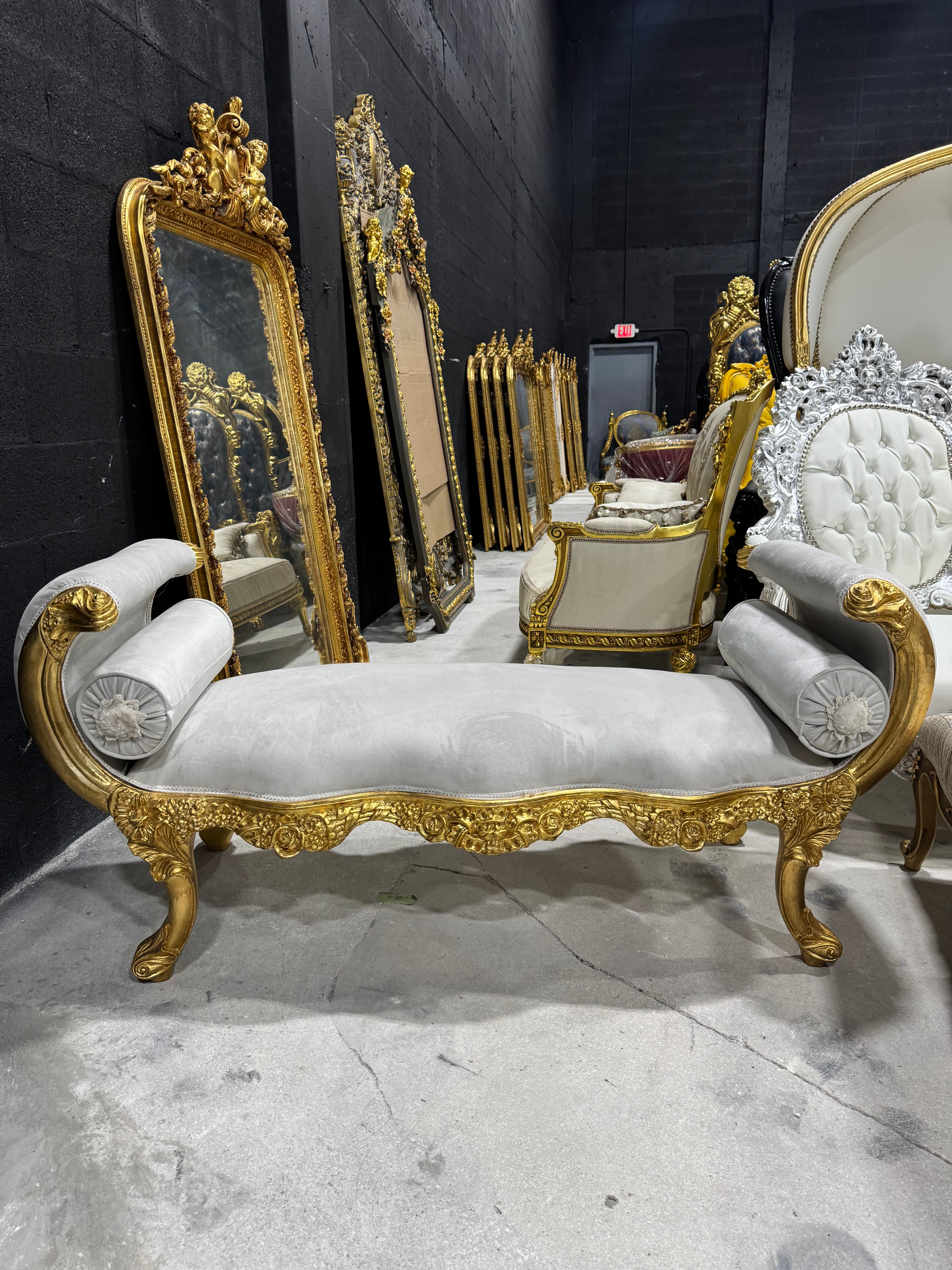 Baroque style off-white velvet bench, gold leaf frame