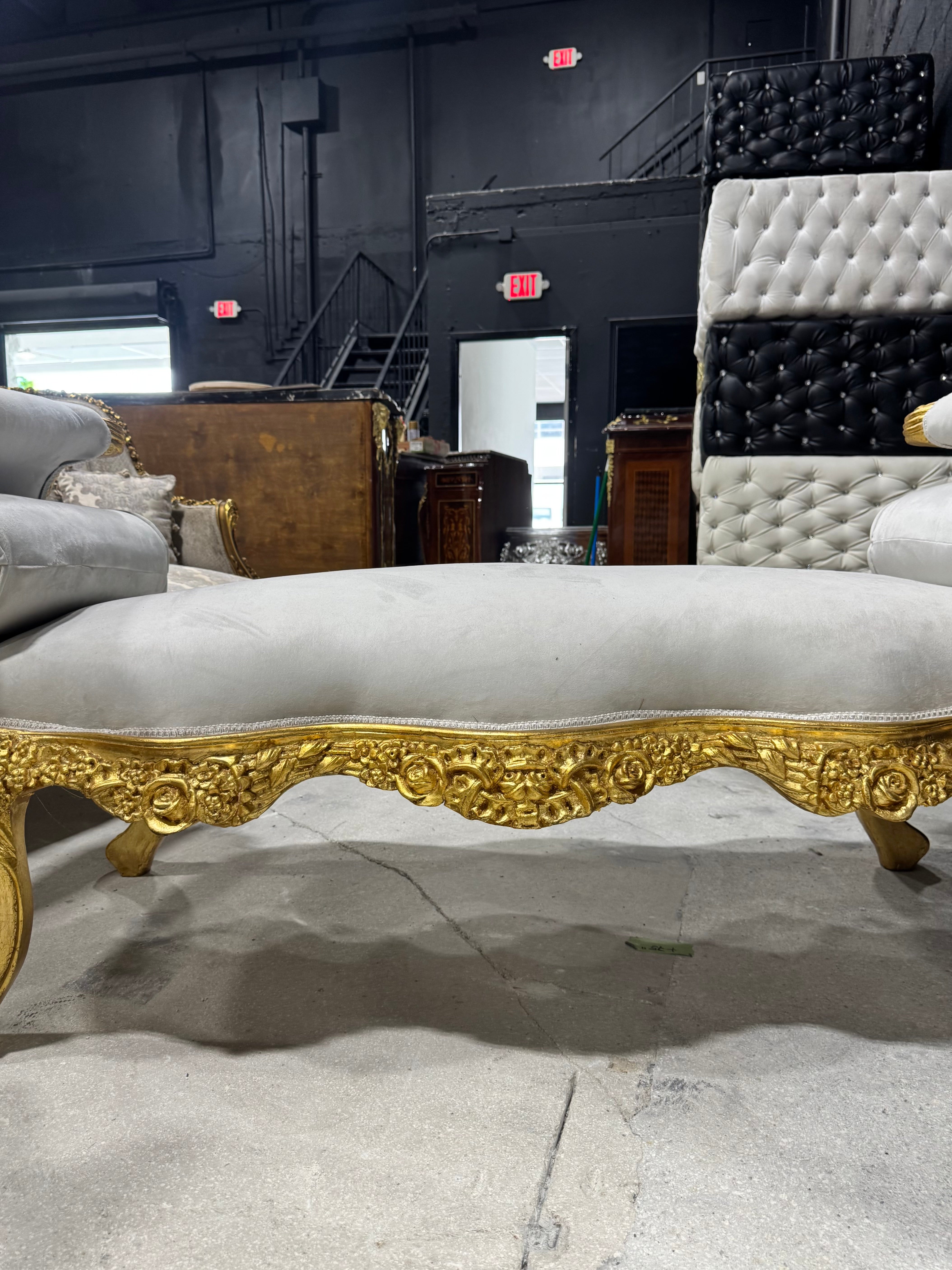 Baroque style off-white velvet bench, gold leaf frame