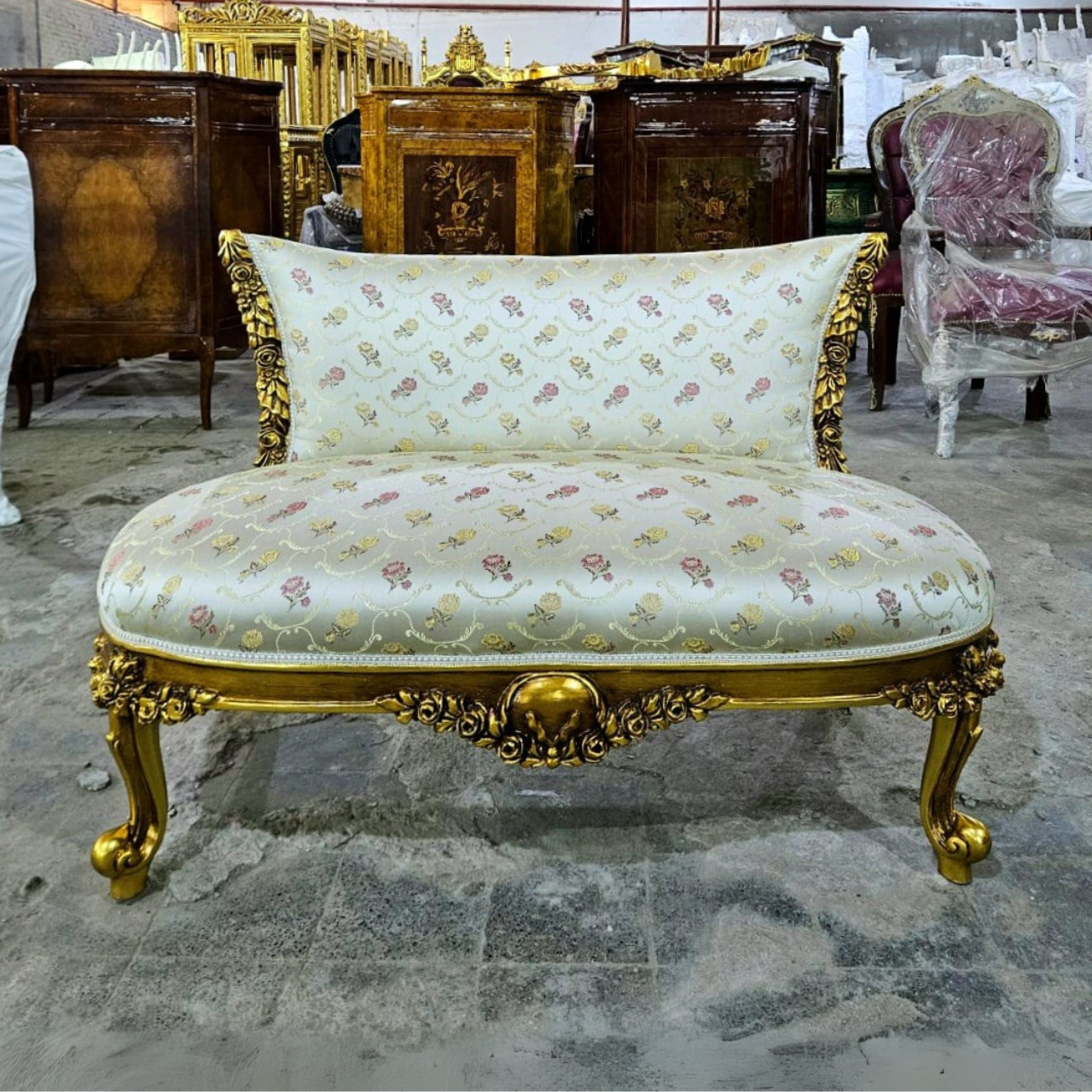 French Style Off-White Settee Gold Leaf Details Interior Design Furniture