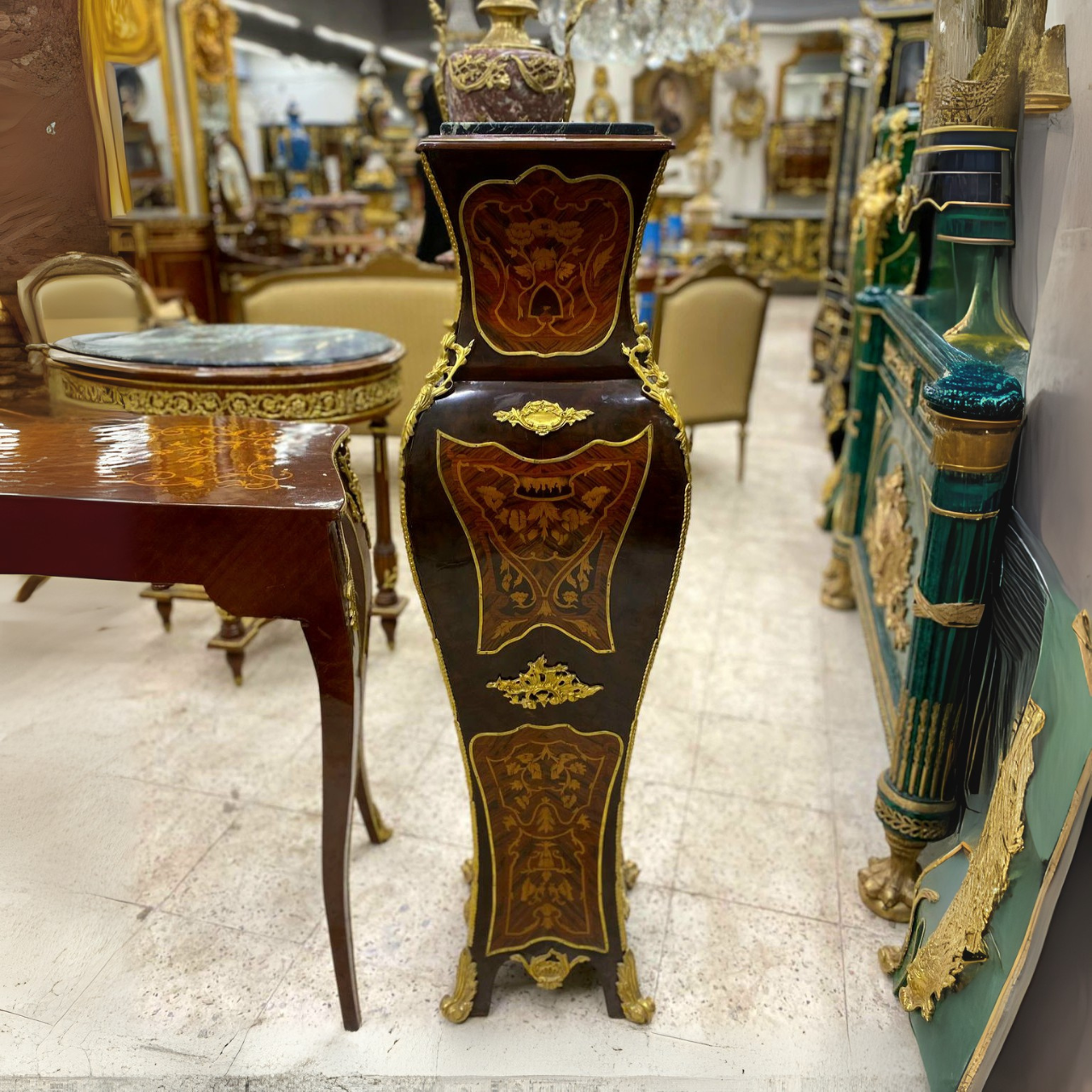 Dark Wood French Pedestal Column with Marble Top & Rococo Gold Leaf Accents