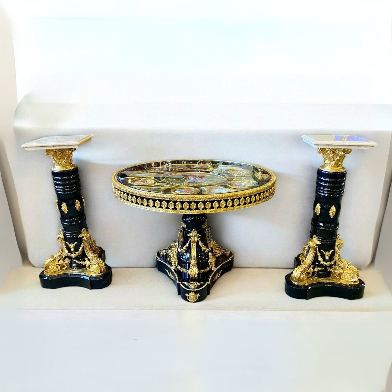 French Rococo Round Dining Table – Black with Bronze Pedestal Columns (Set of 3)