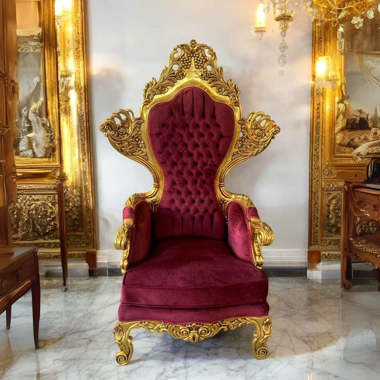 French Baroque Throne Chair – Red Wine Velvet, High-Back, Gold Leaf Details