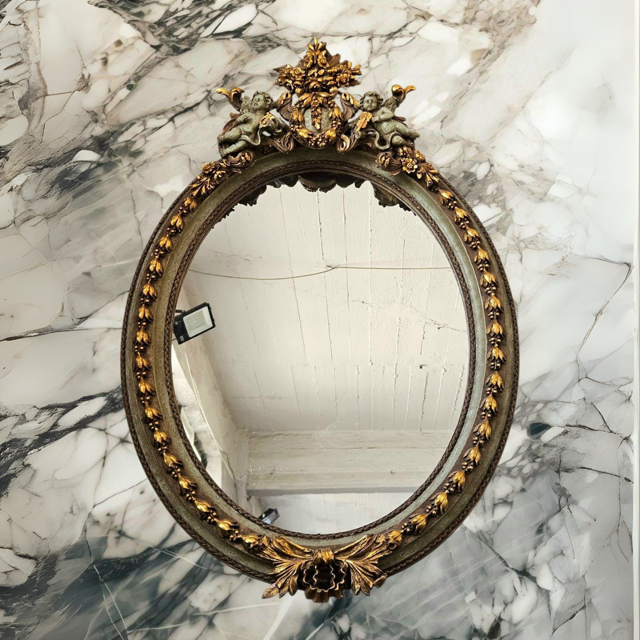 French Italian Style Gold Leaf Oval Mirror – Handcrafted Angel Frame, Gray Color