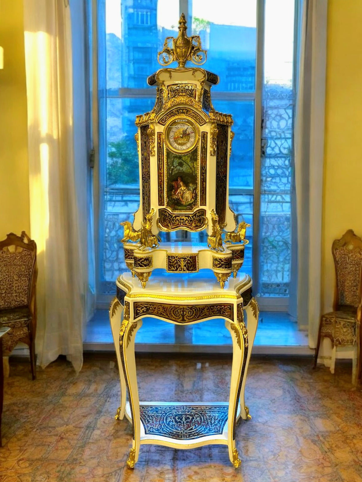 Baroque Boulle Style Off-White Console with Matching Table Clock Gold Leaf