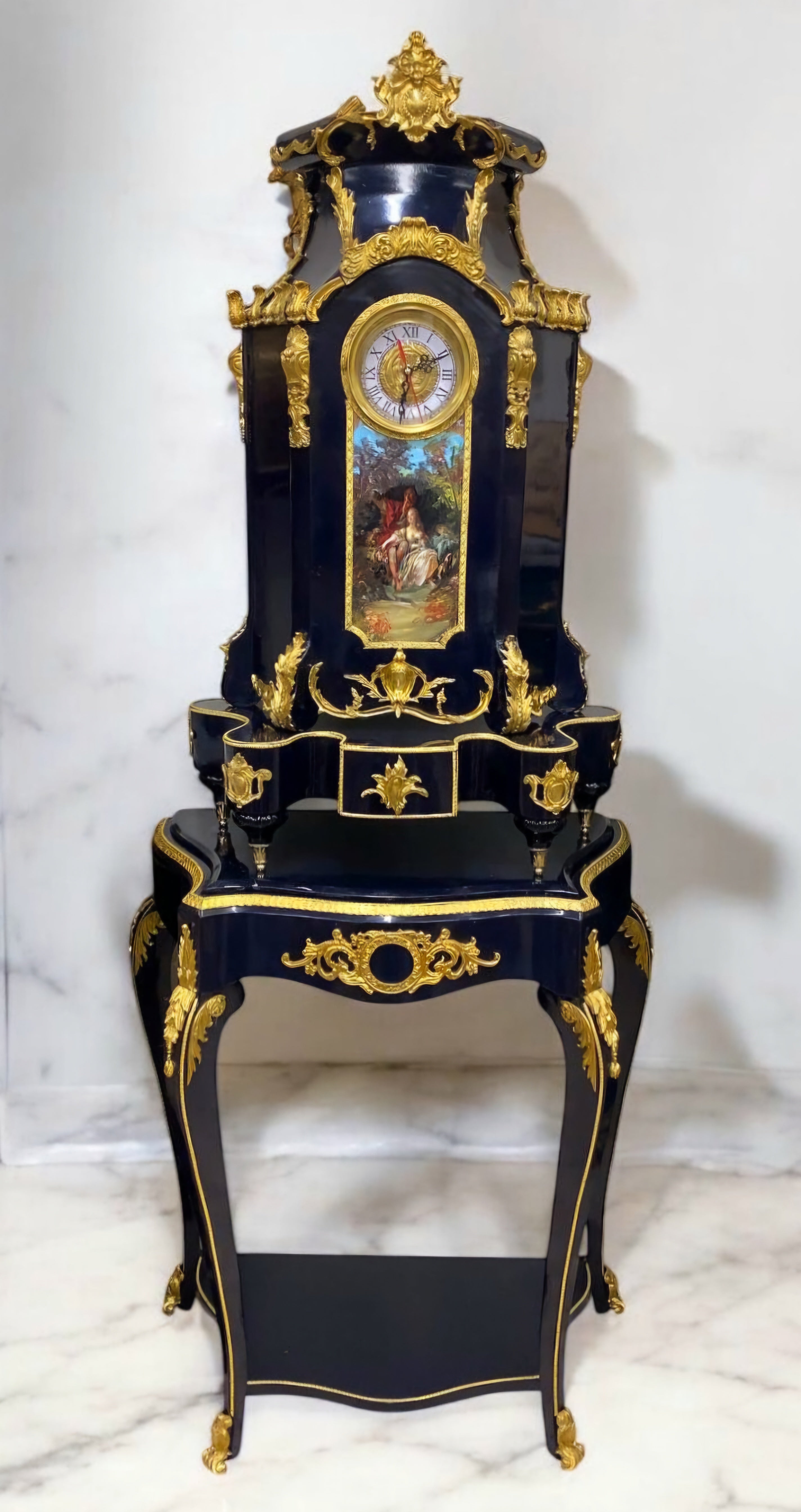 Baroque Boulle Style Black Console with Matching Table Clock – Gold Leaf Details