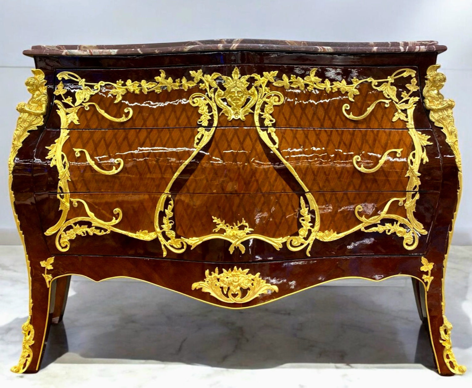Louis XV Style Chest of Drawers Commode Marble Topped Gold Leaf Details