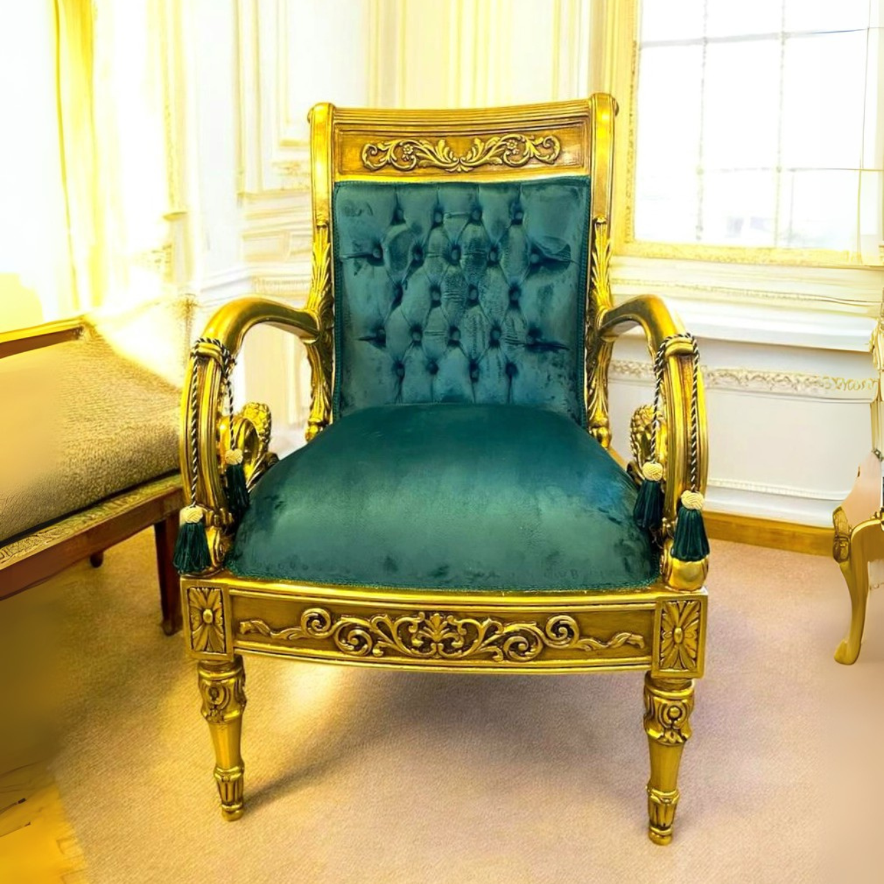 French Bergère Chair – Bottle Green Velvet & Ornate Gold Detailing Furniture