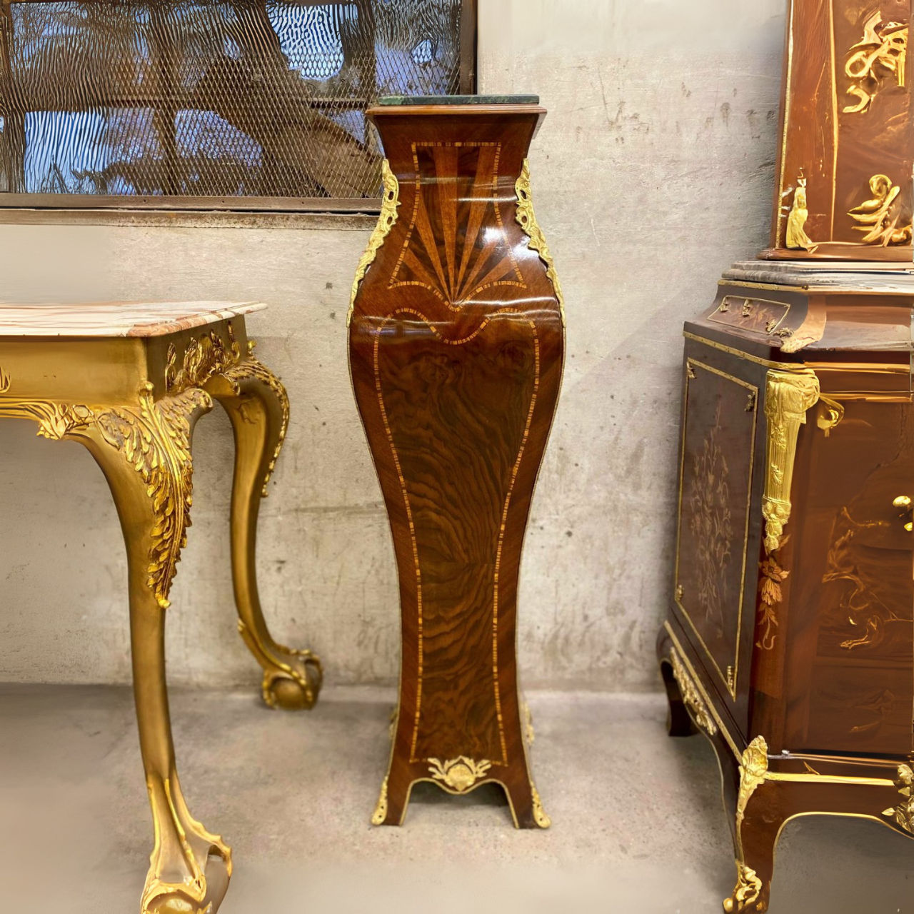 French Rococo Style Marble Pedestal Column – Bronze Accents, Timeless Elegance