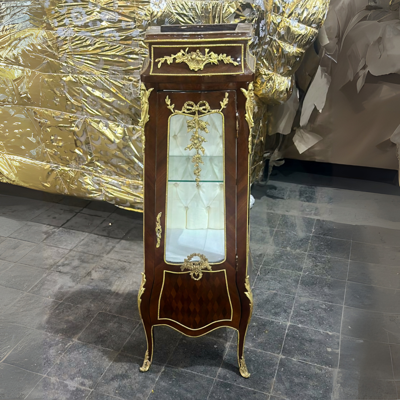French Style Inlaid Display Cabinet – Brown Vitrine with Gold Leaf Details