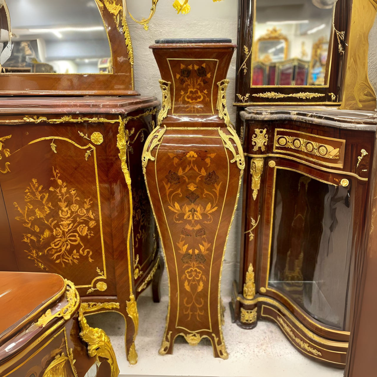 French Style Pedestal Columns – Marble Top & Gold Leaf, Baroque Floral Pattern