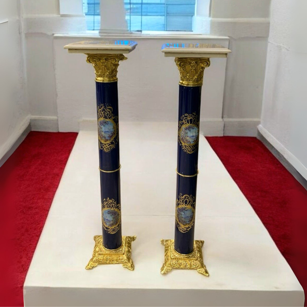Italian Style Blue Pedestal Column with Marble Top & Gold Leaf Accents