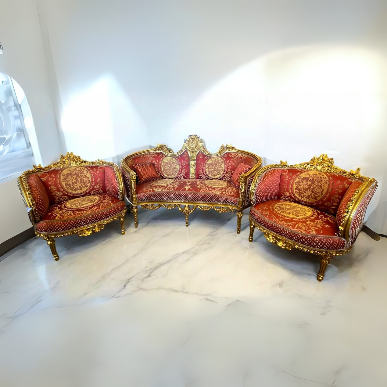 Baroque Style Living Room Set – Sofa & 2 Chairs – Gold Leaf Damask Upholstery