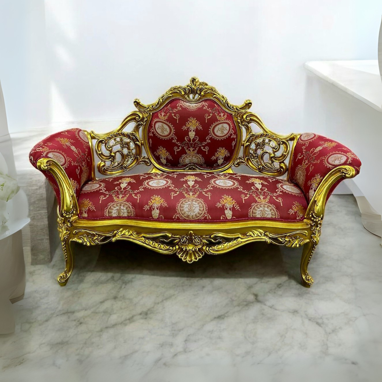 Elegant French Settee – Gold Leaf Frame with Red Wine Damask Upholstery