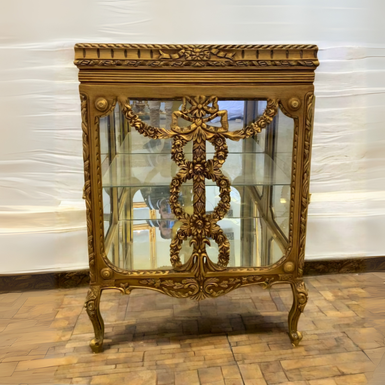 French Louis XIV Style Rococo Gold Leaf Vitrine – Floral Carved Display Cabinet