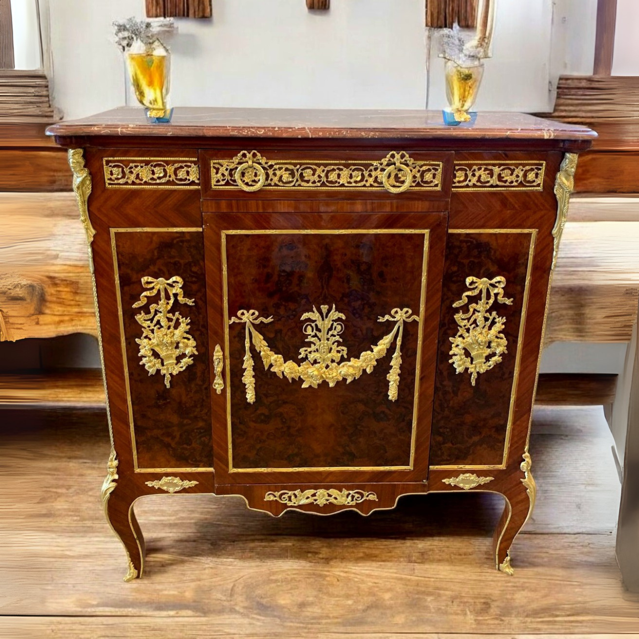 French Louis XVI Style Brown Commode Cabinet – Marble Top & Gold Leaf Details