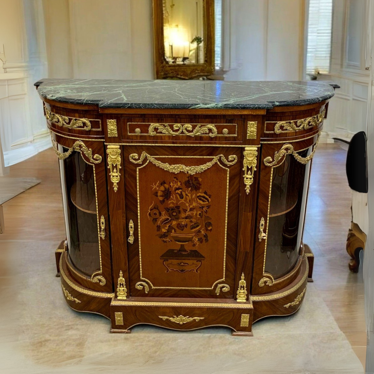 Brown Marble Commode – French Louis XVI Style Crendenza Cabinet Gold Leaf Detail