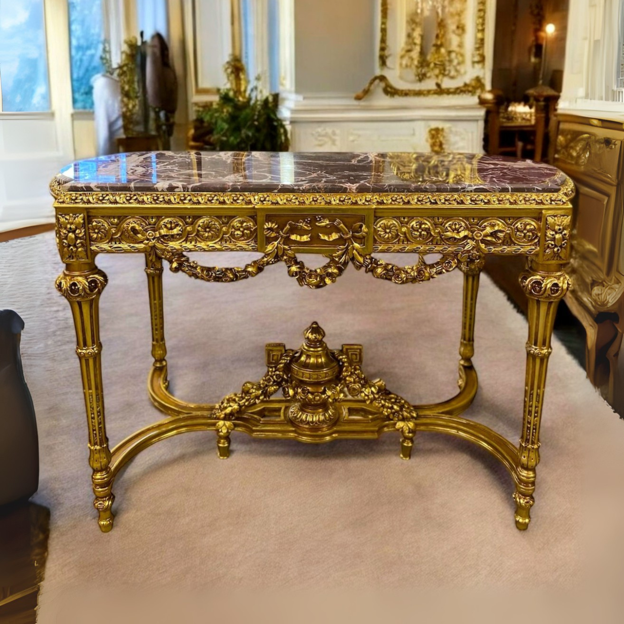 Luxurious French Baroque Marble Table | Gold Leaf | Ornate Console