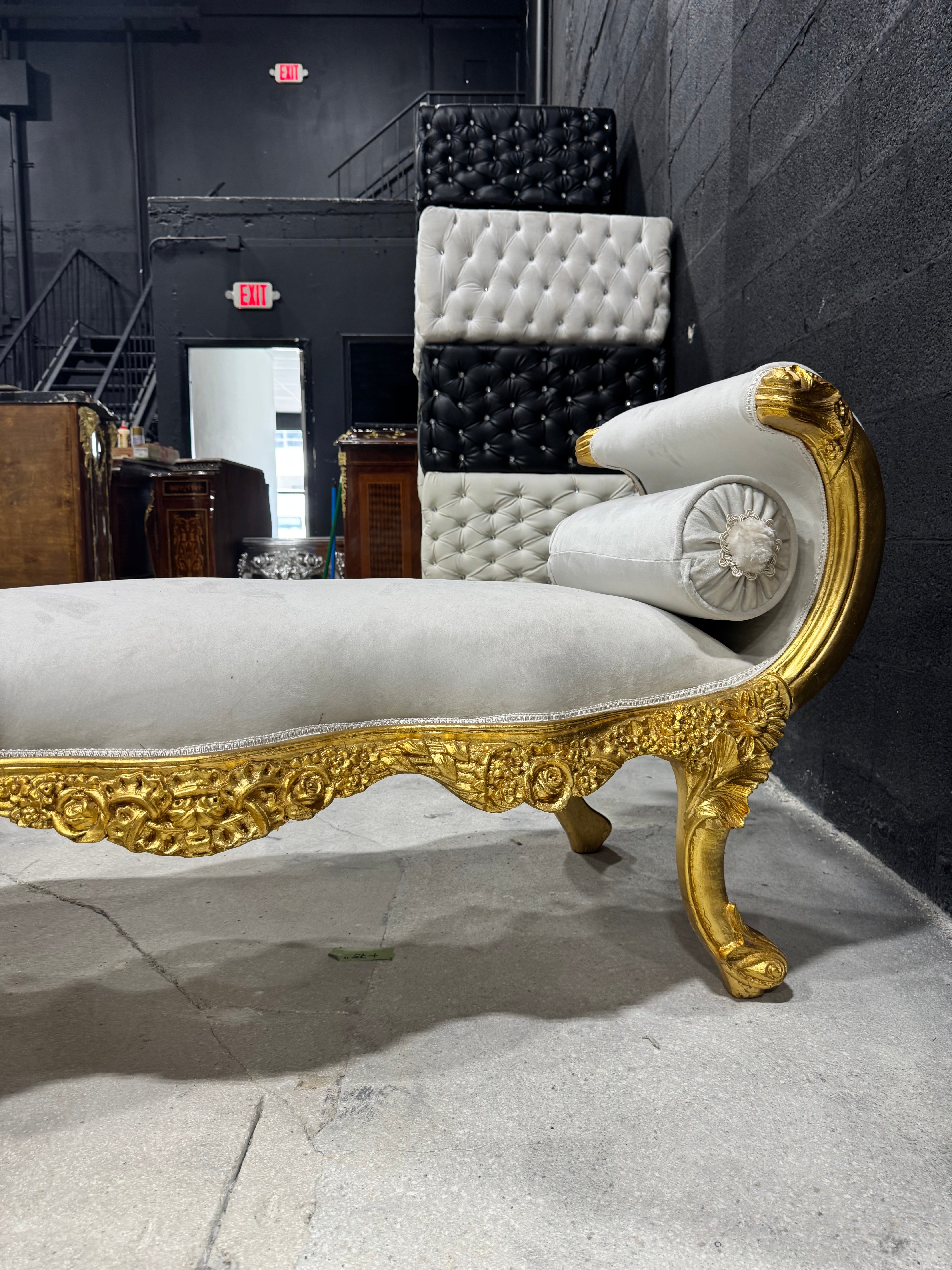 Baroque style off-white velvet bench, gold leaf frame