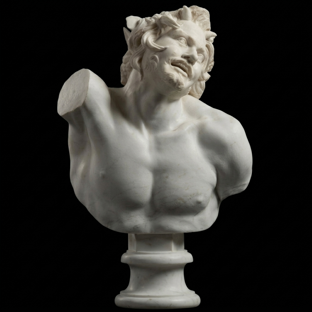 One-of-a-Kind Hand-Carved Natural Marble Bust Sculpture – Bust of a Drunken Satyr