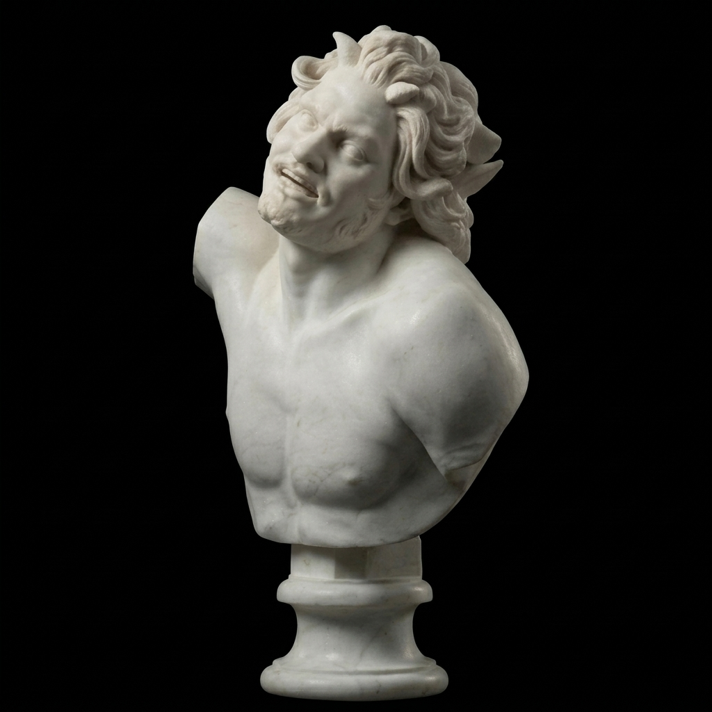One-of-a-Kind Hand-Carved Natural Marble Bust Sculpture – Bust of a Drunken Satyr