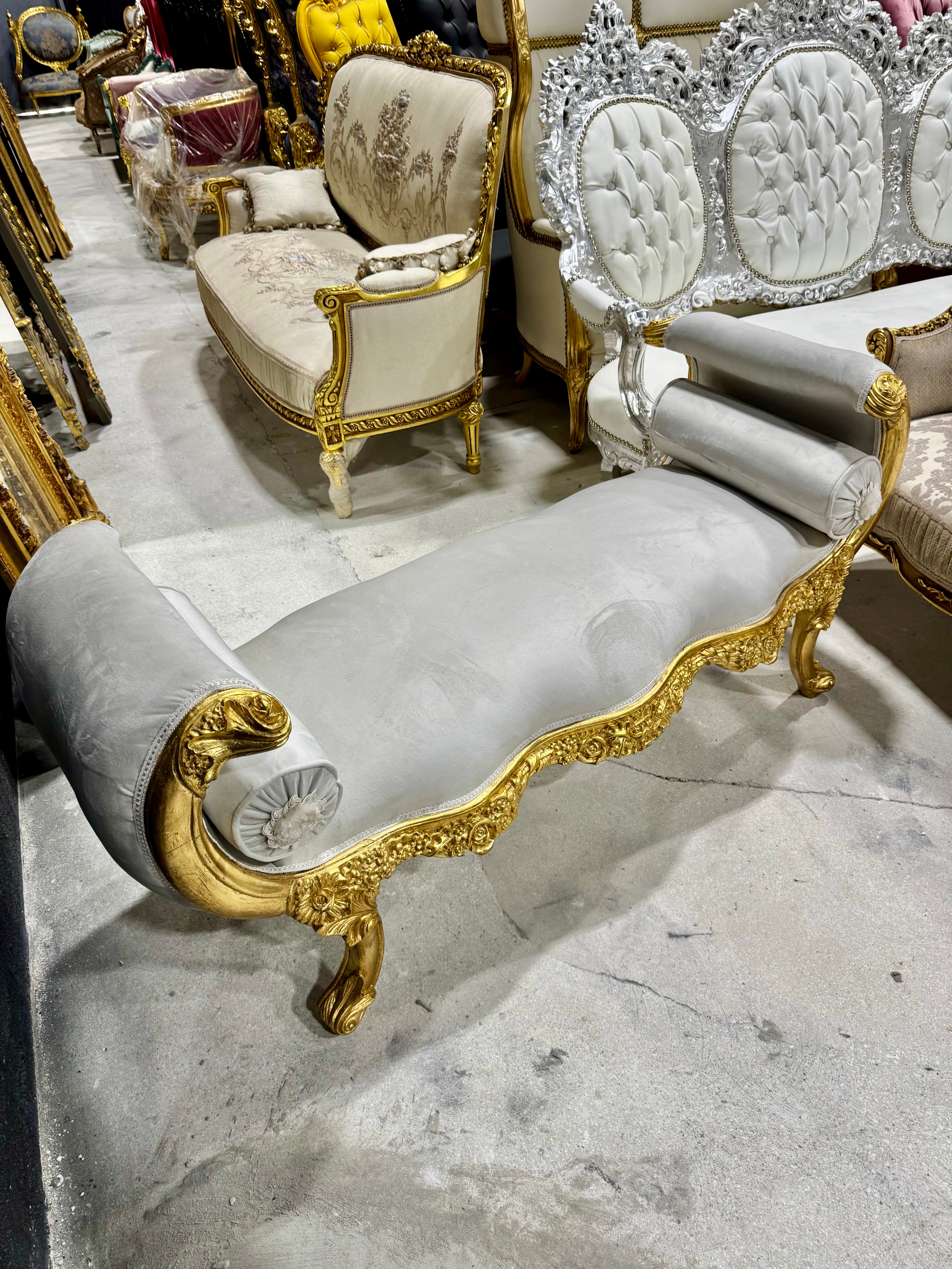 Baroque style off-white velvet bench, gold leaf frame