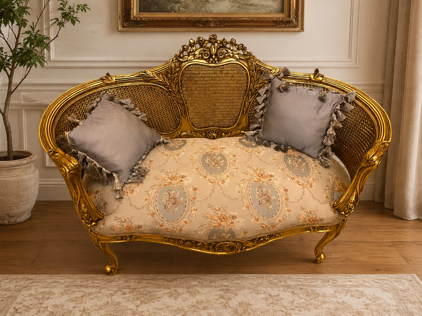French Louis XV Gold Leaf Bench – Light Blue Damask Upholstery with Two Accent Cushions