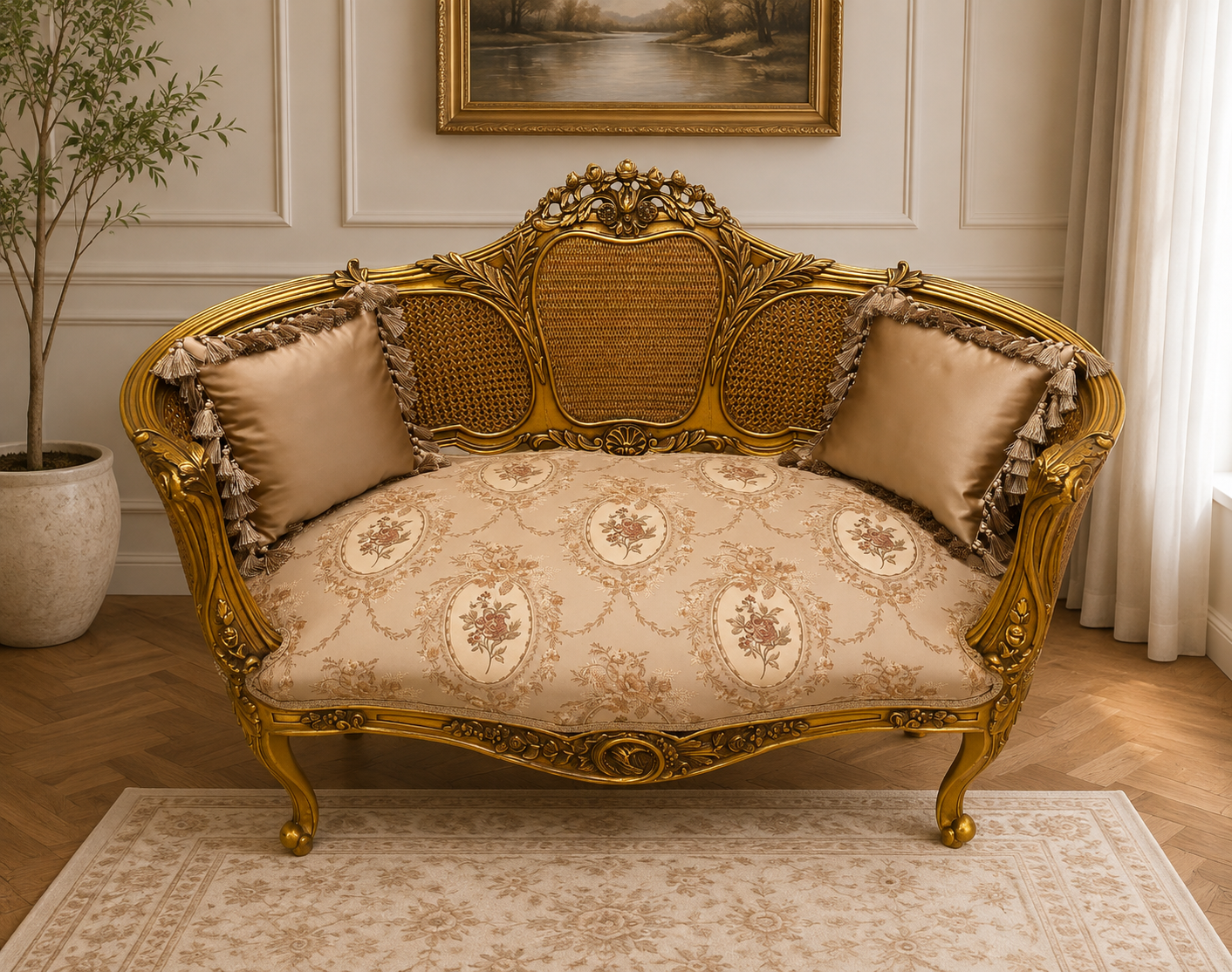 French Louis XV Style Settee – Gilded Gold Leaf Frame with Elegant Cream Damask & Accent Cushions